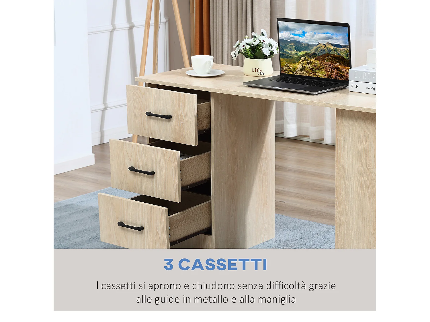 Scrivania pc per camera con 3 cassetti e 3 scaffali in legno