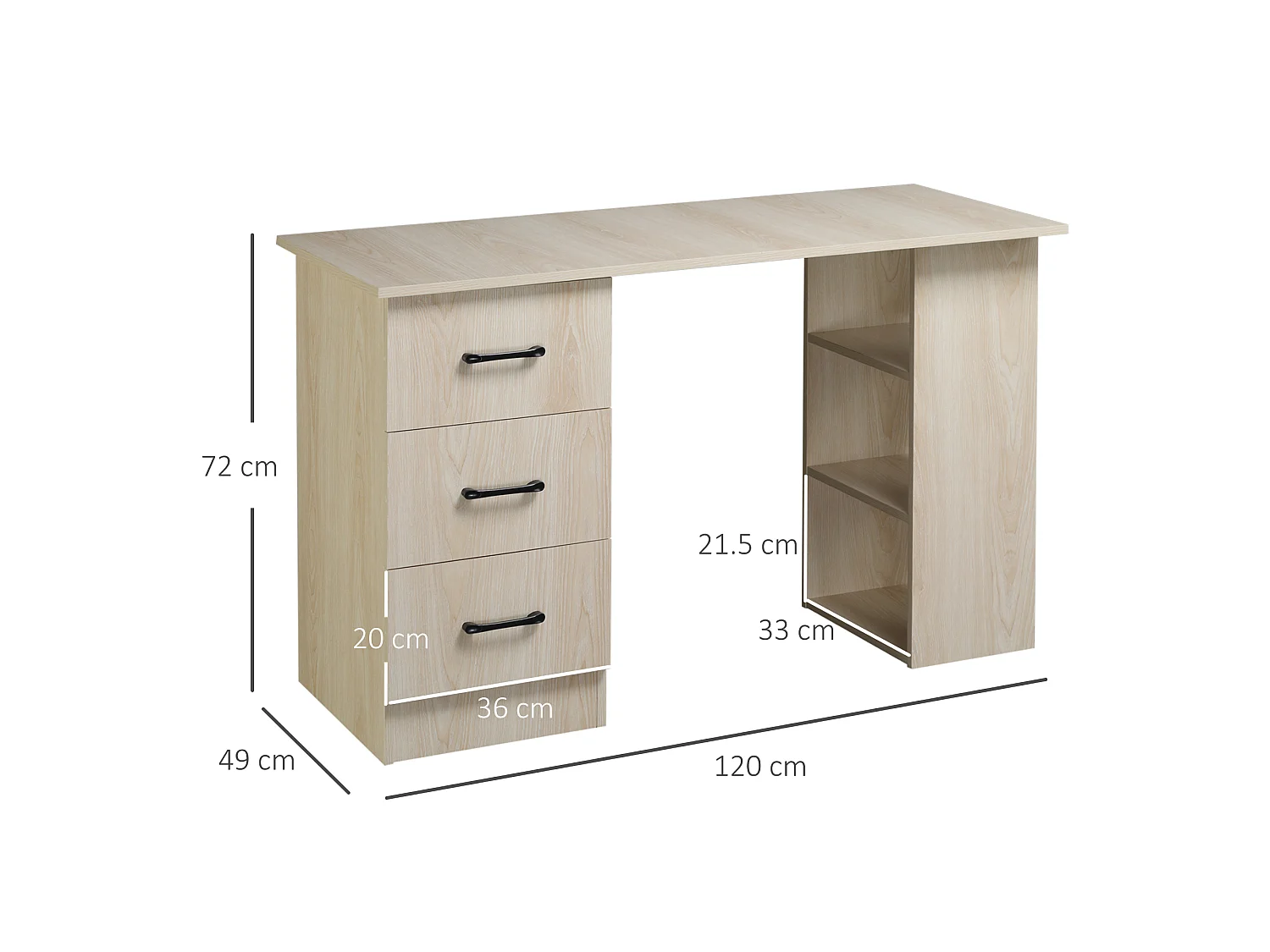 Scrivania pc per camera con 3 cassetti e 3 scaffali in legno