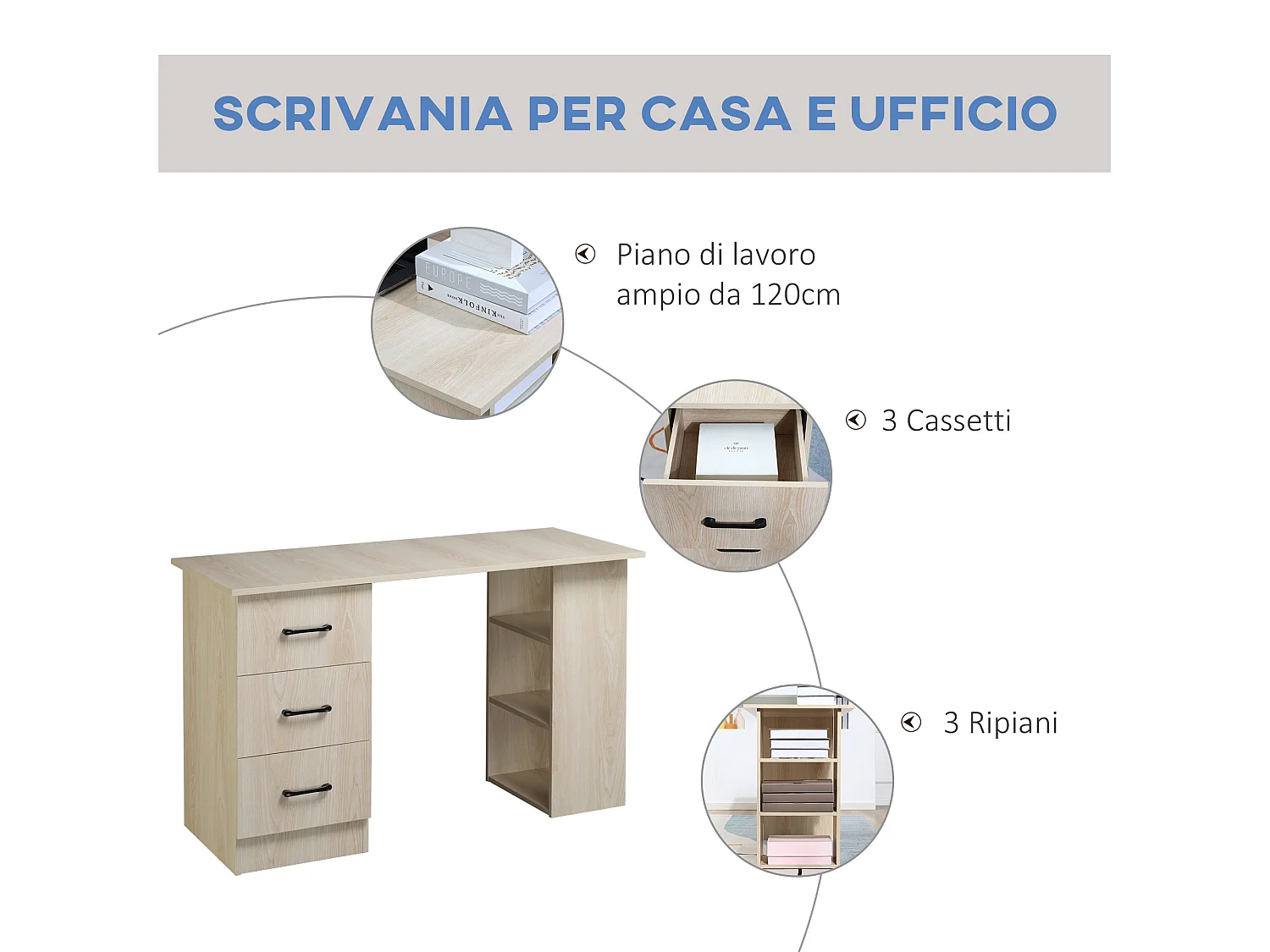 Scrivania pc per camera con 3 cassetti e 3 scaffali in legno