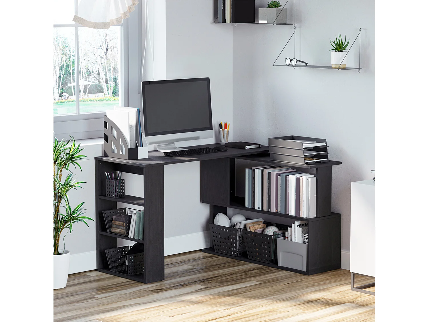 Scrivania angolare con piano girevole e 5 ripiani nero