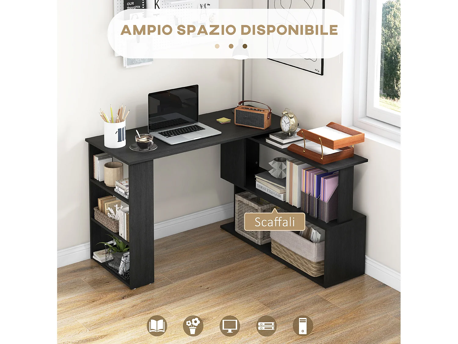 Scrivania angolare con piano girevole e 5 ripiani nero