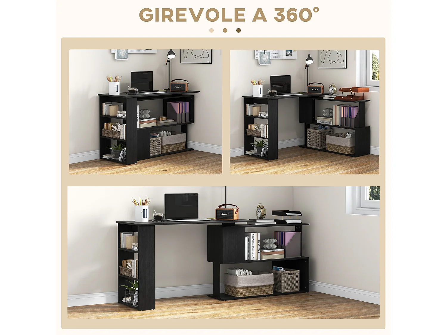 Scrivania angolare con piano girevole e 5 ripiani nero