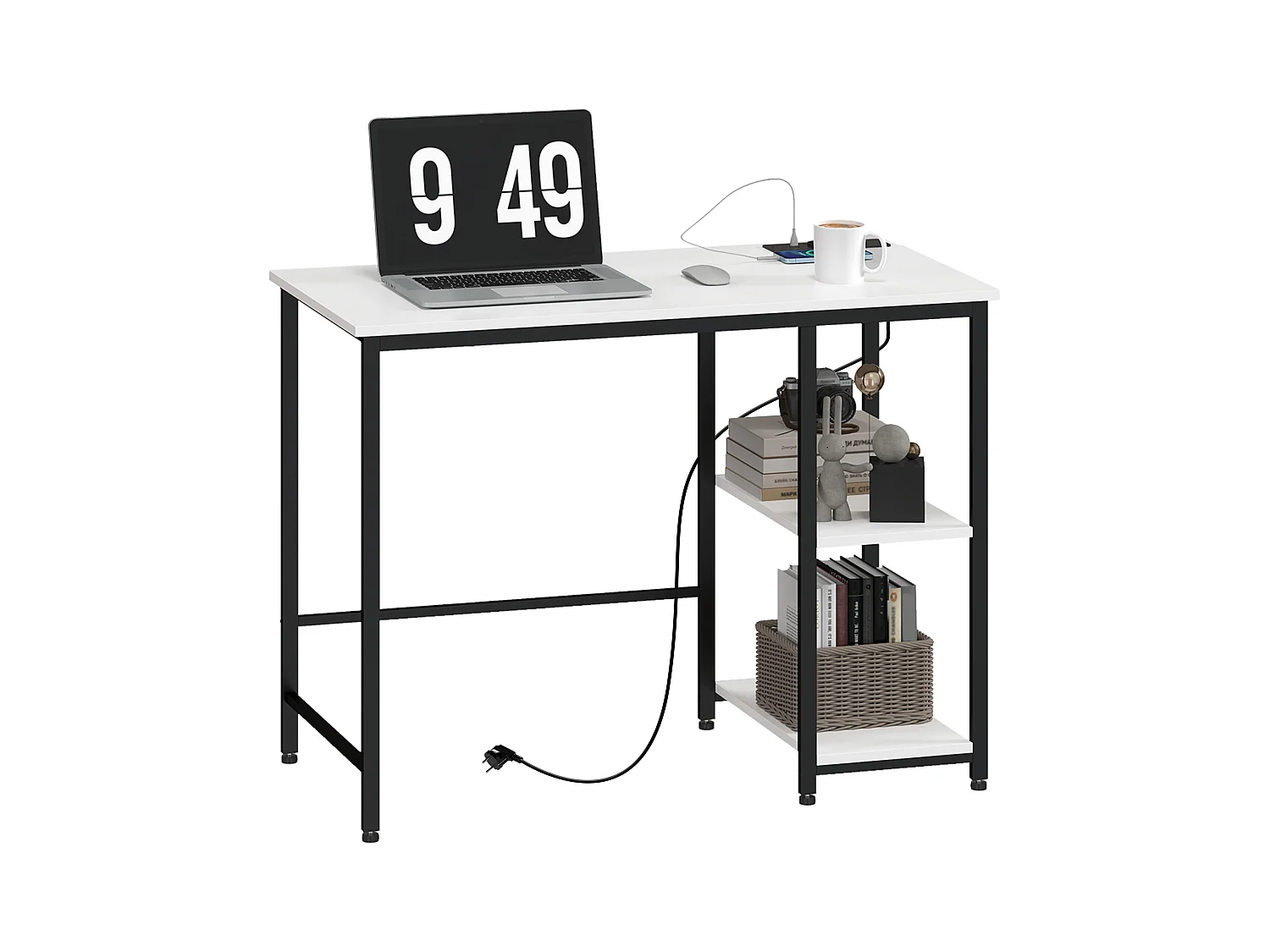 Scrivania con scaffale a 2 livelli e prese di ricarica bianco e nero