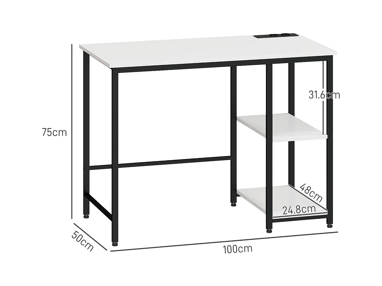 Scrivania con scaffale a 2 livelli e prese di ricarica bianco e nero