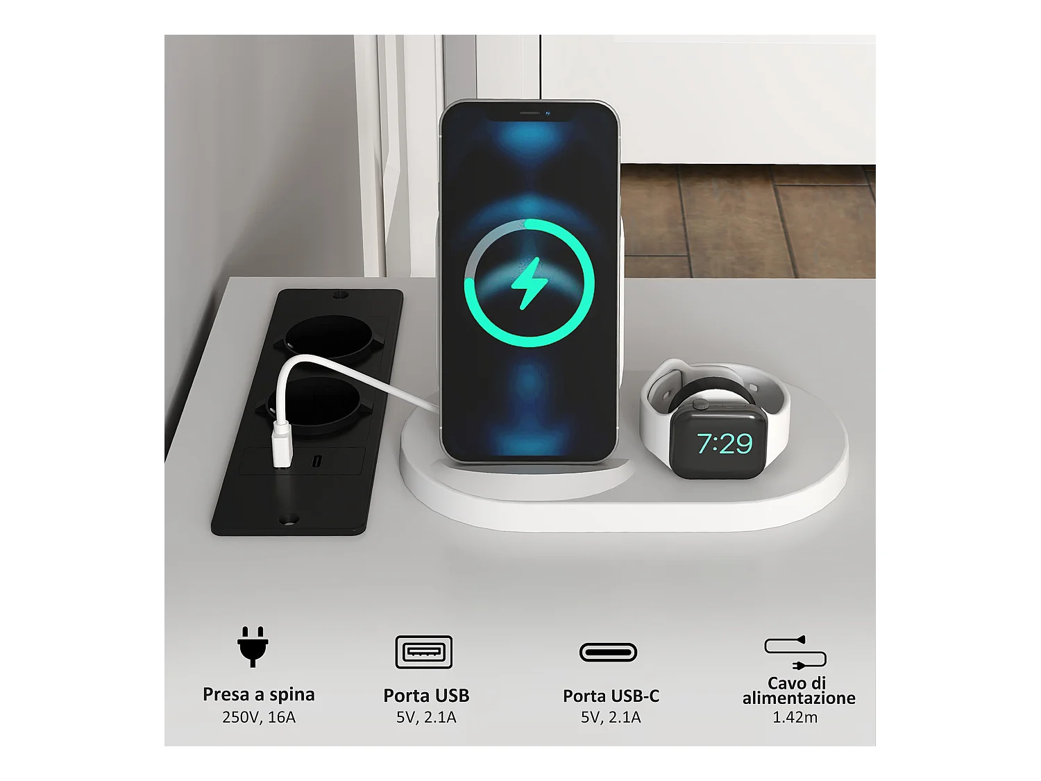 Scrivania con scaffale a 2 livelli e prese di ricarica bianco e nero