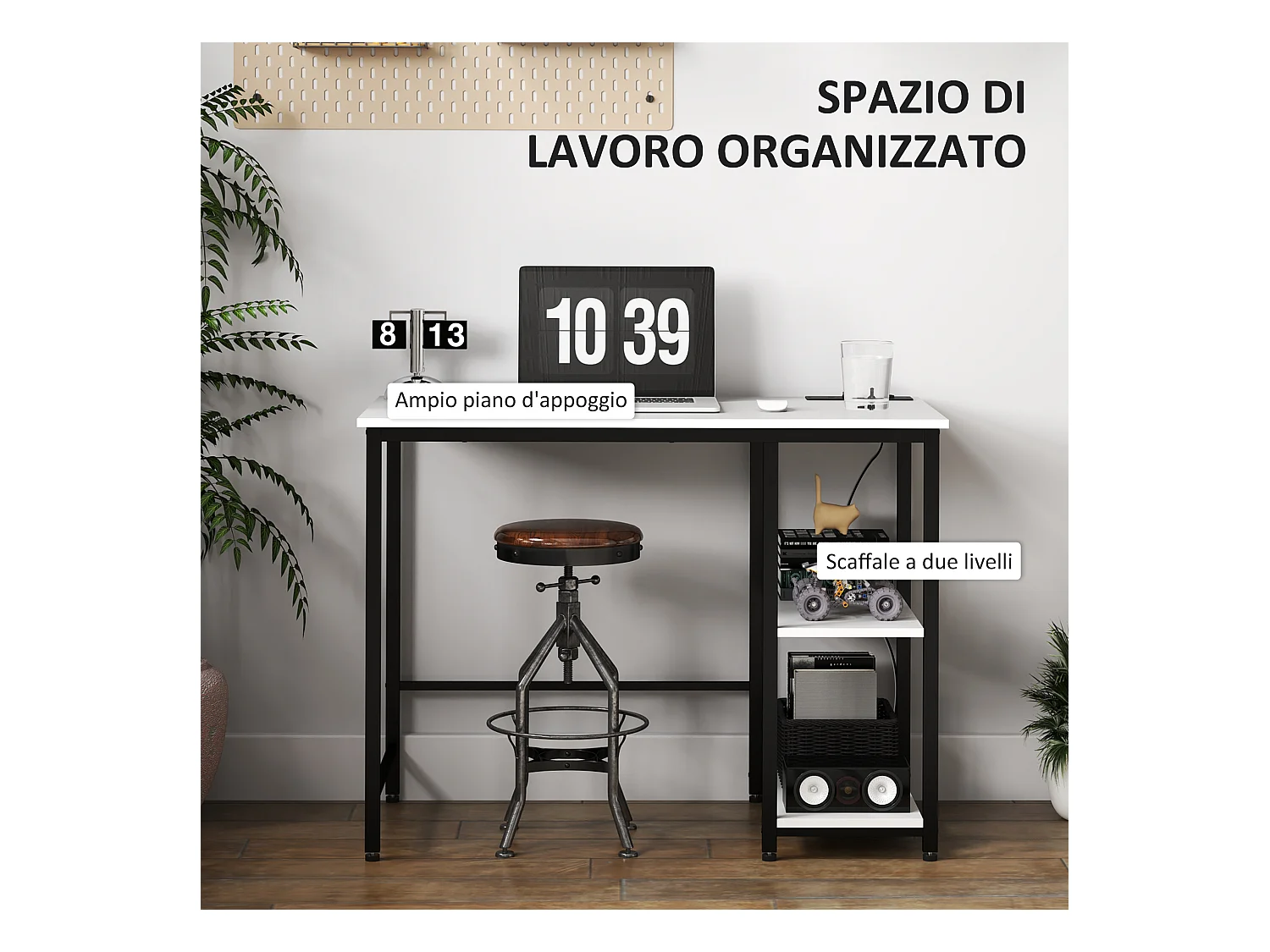 Scrivania con scaffale a 2 livelli e prese di ricarica bianco e nero