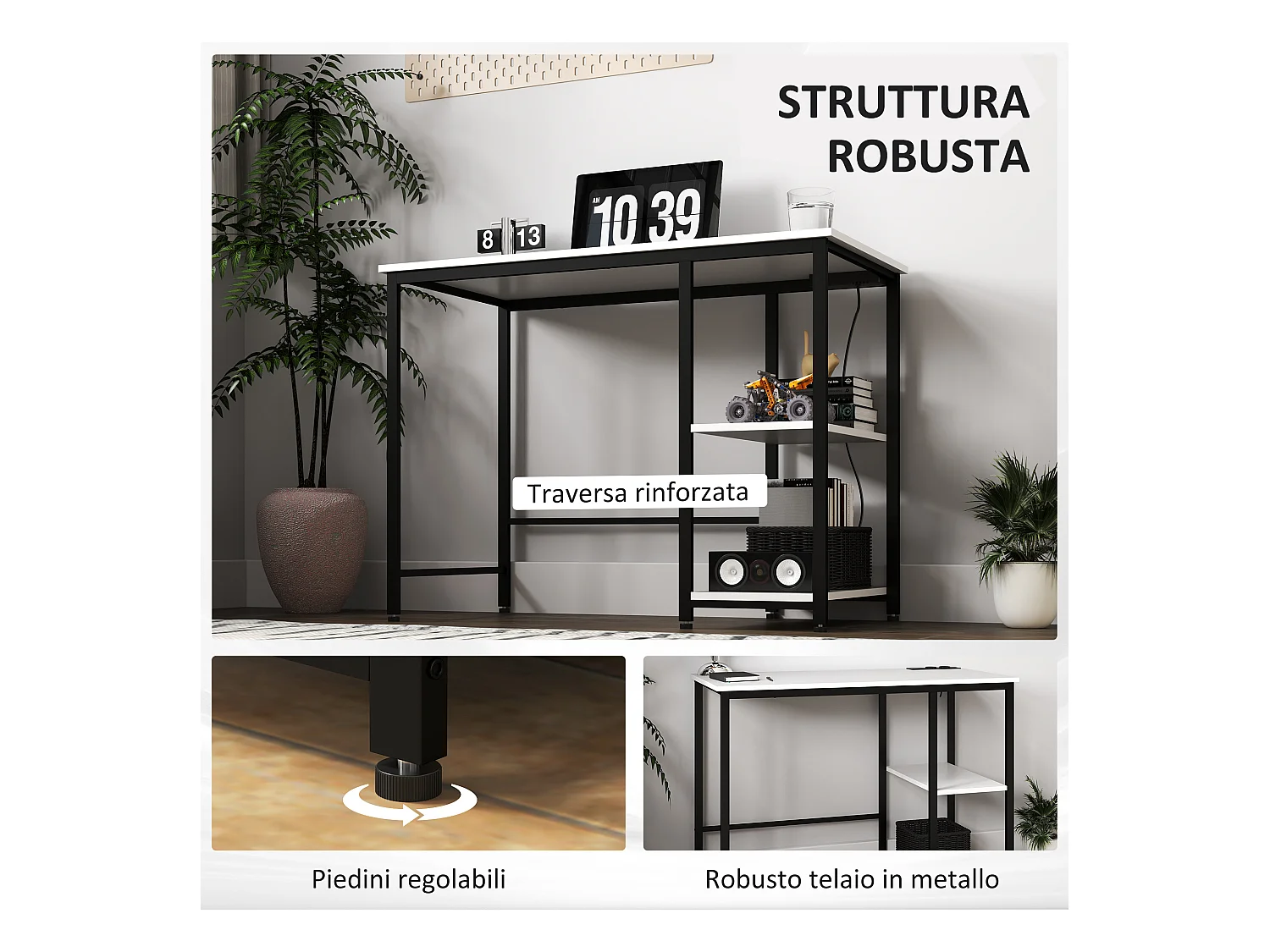 Scrivania con scaffale a 2 livelli e prese di ricarica bianco e nero