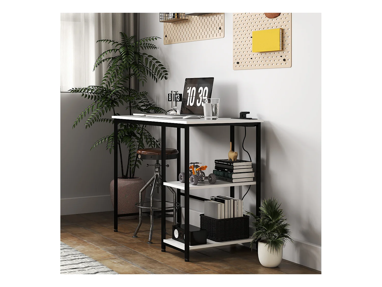 Scrivania con scaffale a 2 livelli e prese di ricarica bianco e nero