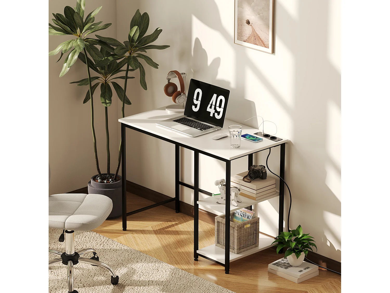 Scrivania con scaffale a 2 livelli e prese di ricarica bianco e nero