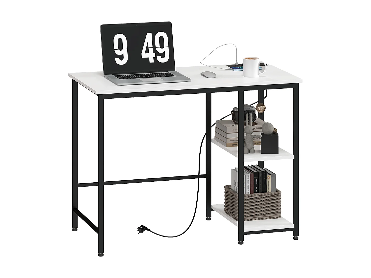 Scrivania con scaffale a 2 livelli e prese di ricarica bianco e nero