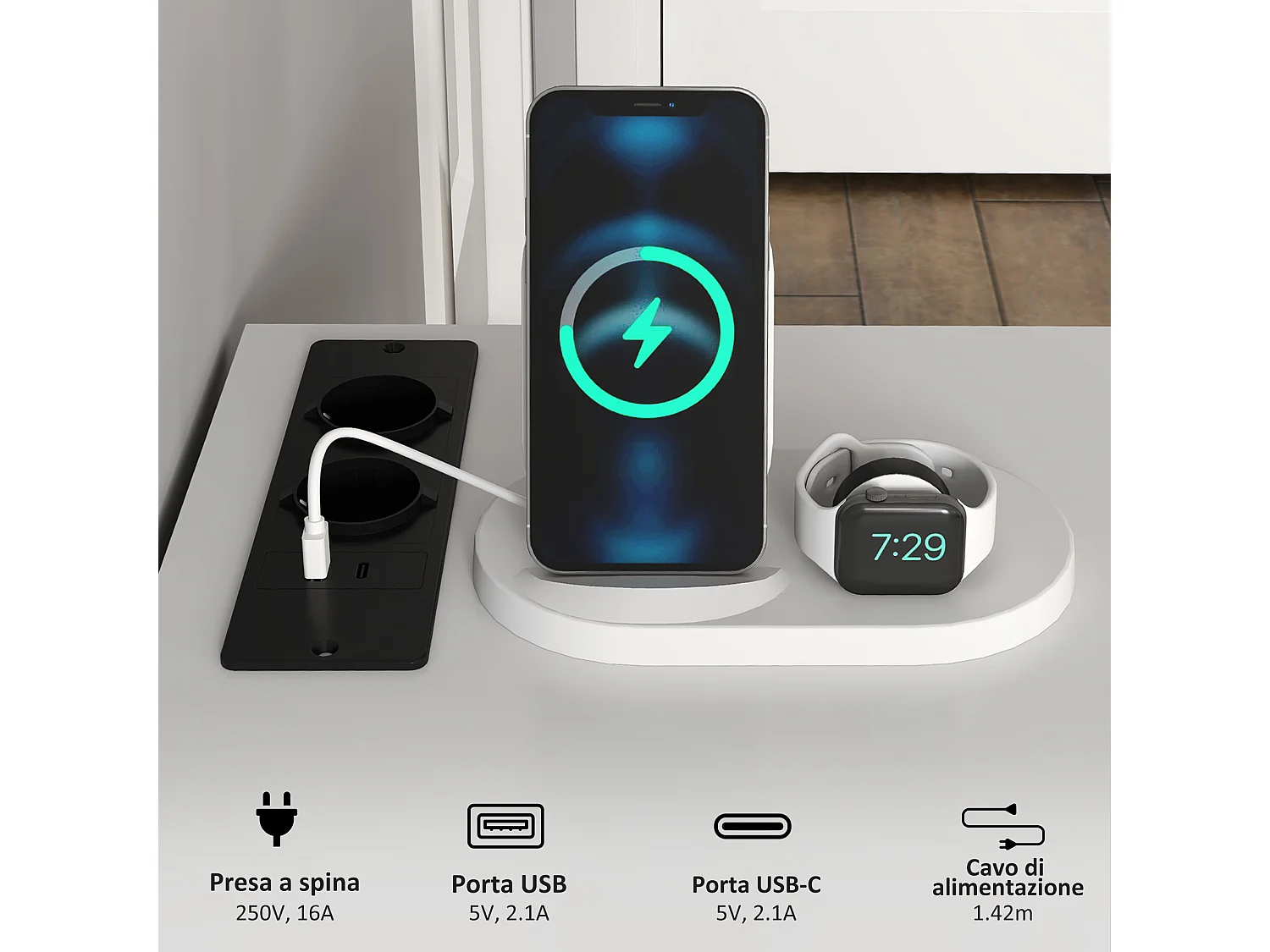 Scrivania con scaffale a 2 livelli e prese di ricarica bianco e nero