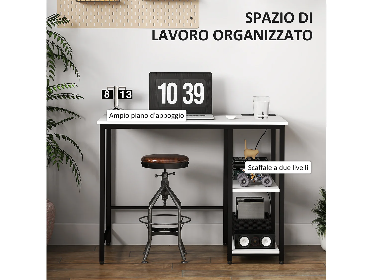 Scrivania con scaffale a 2 livelli e prese di ricarica bianco e nero