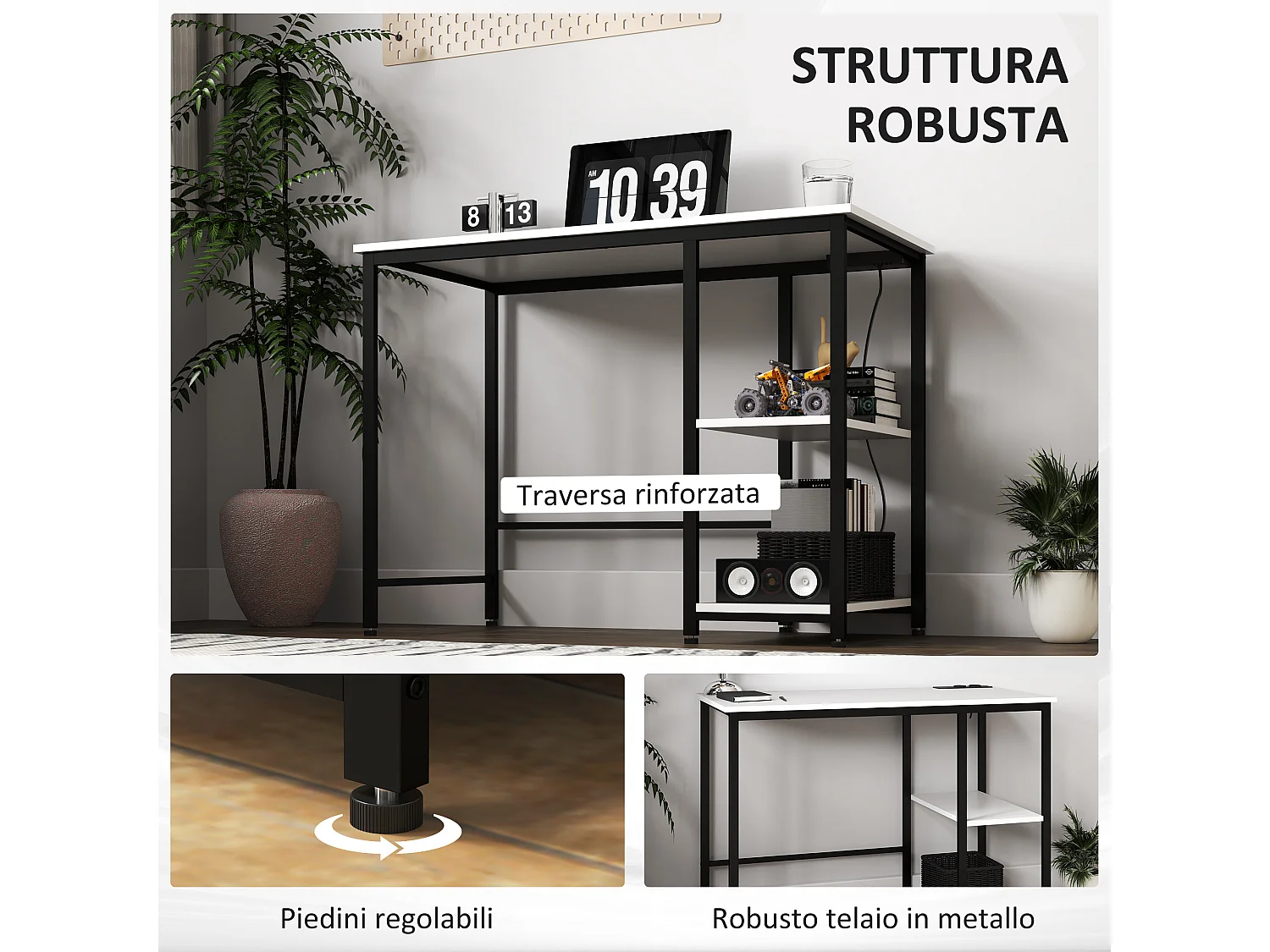 Scrivania con scaffale a 2 livelli e prese di ricarica bianco e nero