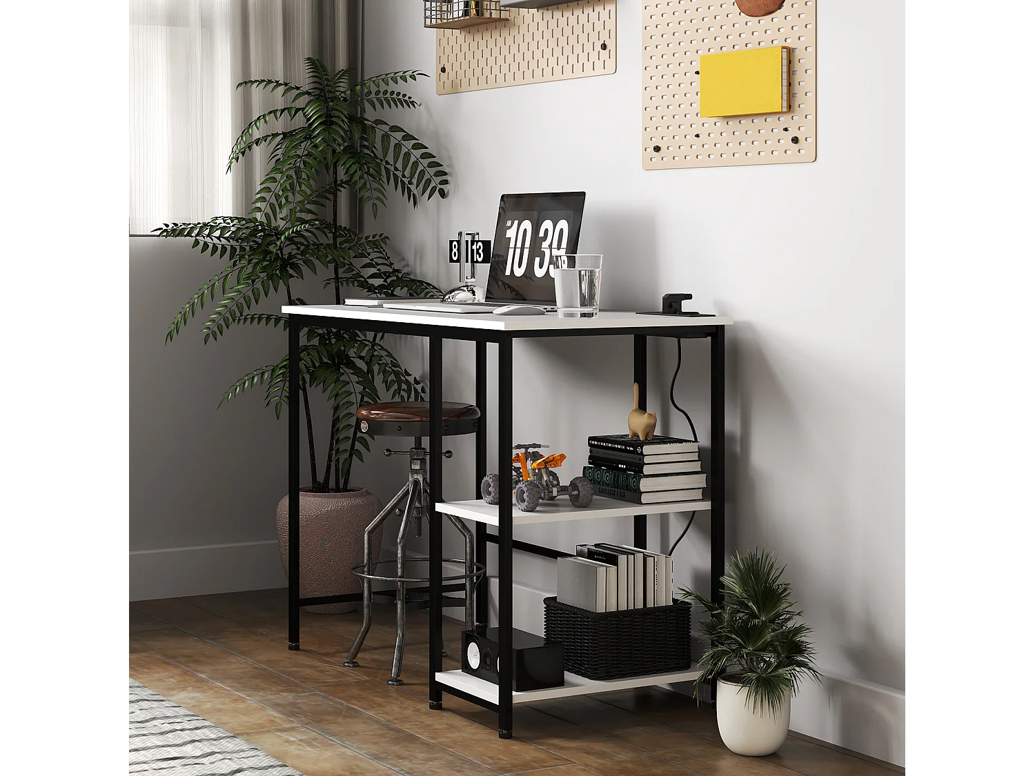 Scrivania con scaffale a 2 livelli e prese di ricarica bianco e nero