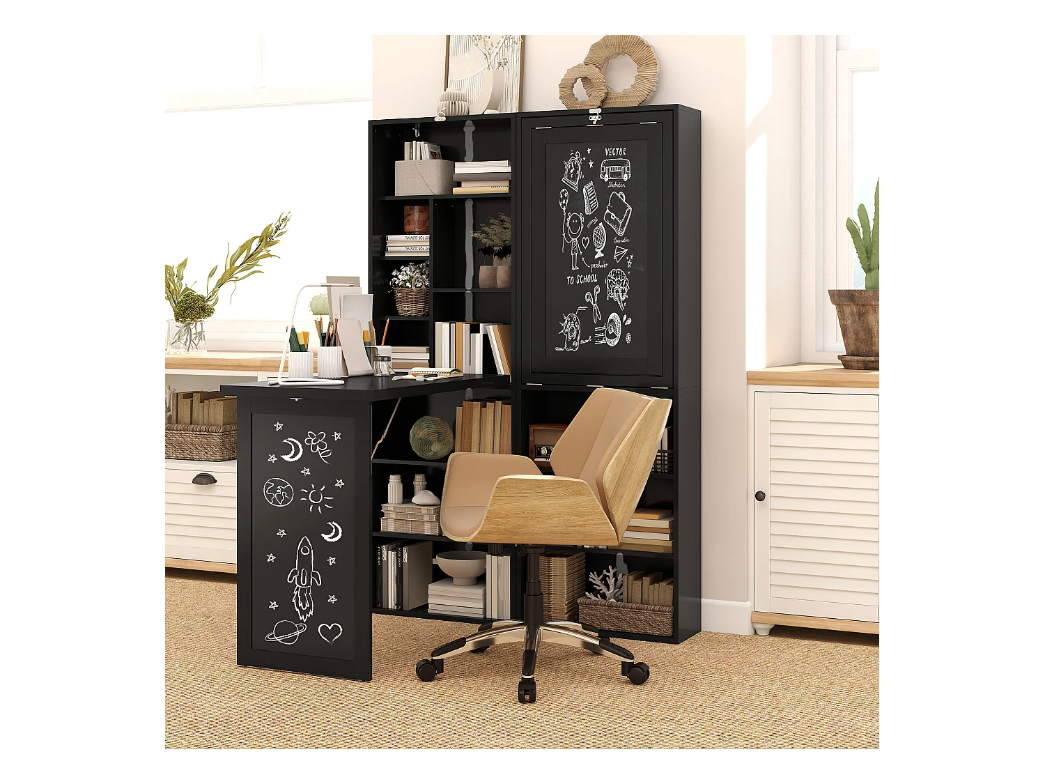 Scrivania pieghevole moderna con libreria e lavagna nero