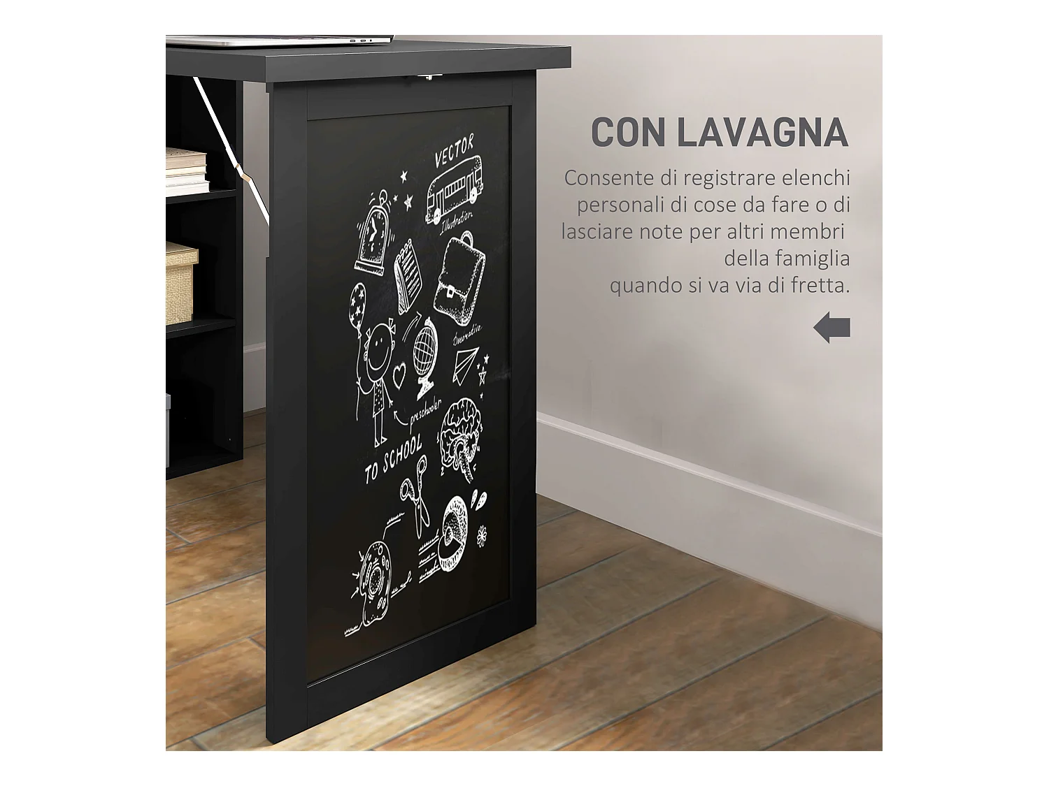 Scrivania pieghevole moderna con libreria e lavagna nero
