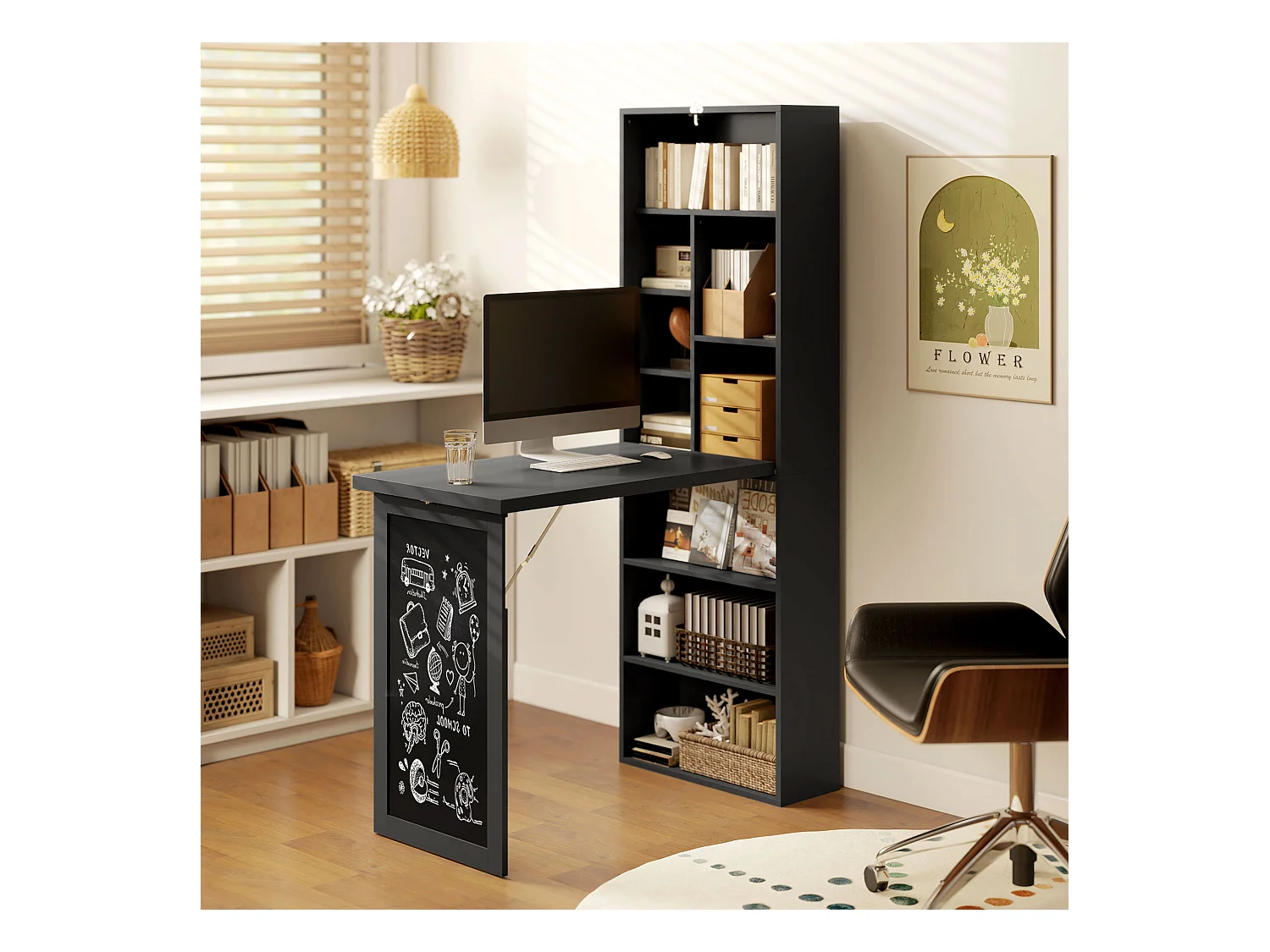 Scrivania pieghevole moderna con libreria e lavagna nero