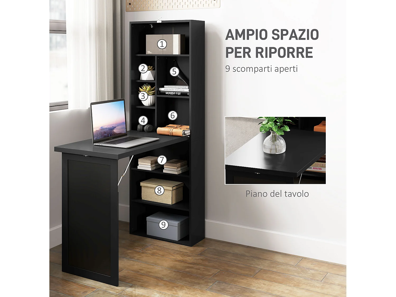 Scrivania pieghevole moderna con libreria e lavagna nero