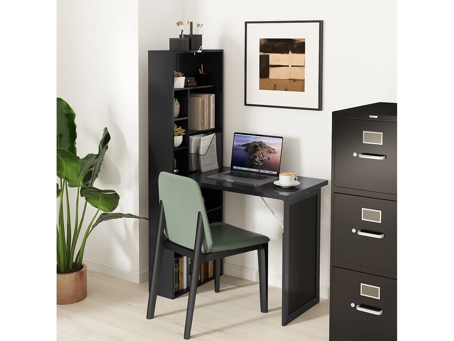 Scrivania pieghevole moderna con libreria e lavagna nero