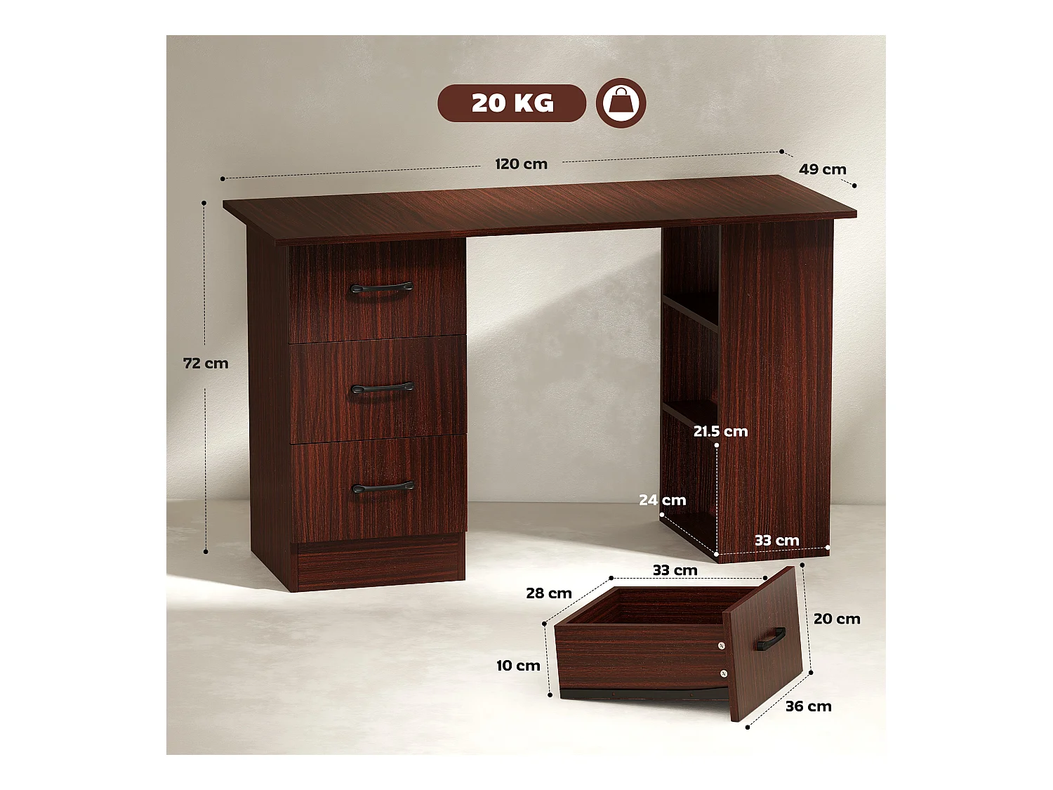 Scrivania per camera e ufficio 3 cassetti 3 ripiani reversibili