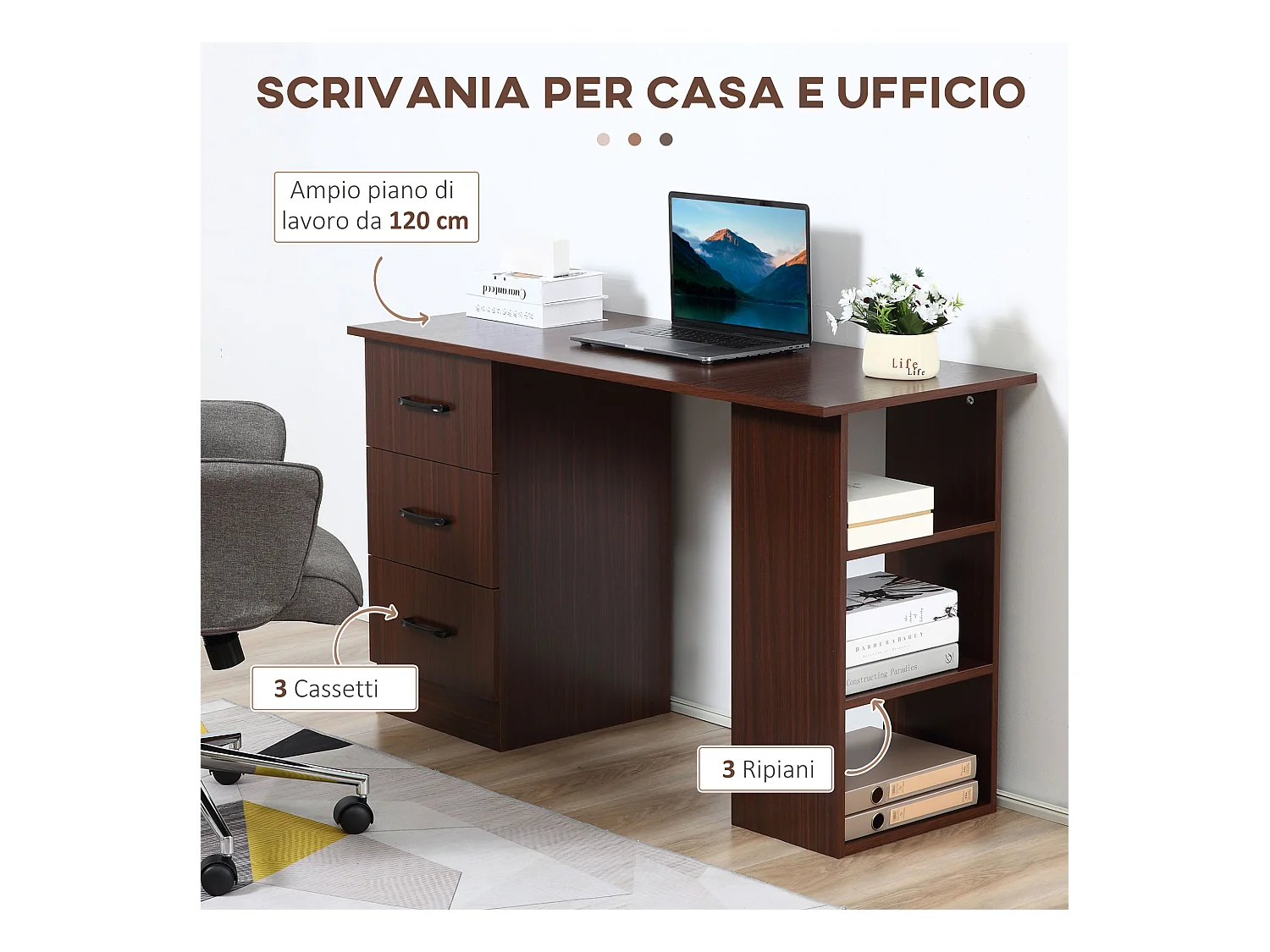 Scrivania per camera e ufficio 3 cassetti 3 ripiani reversibili