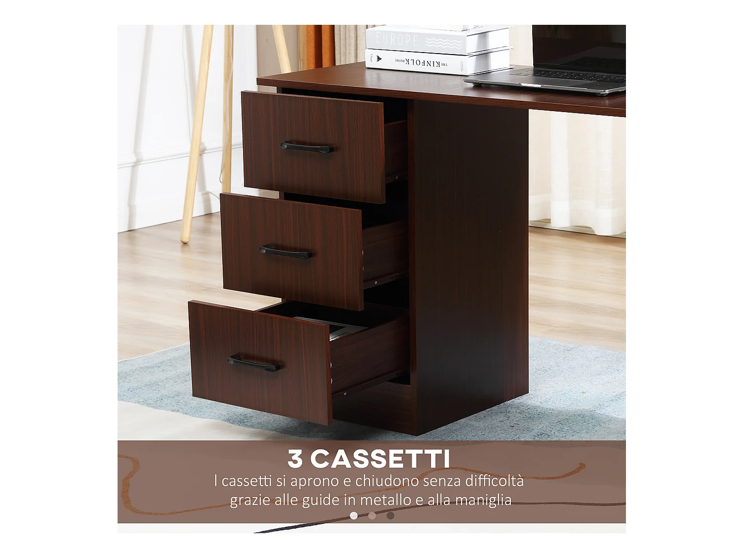 Scrivania per camera e ufficio 3 cassetti 3 ripiani reversibili