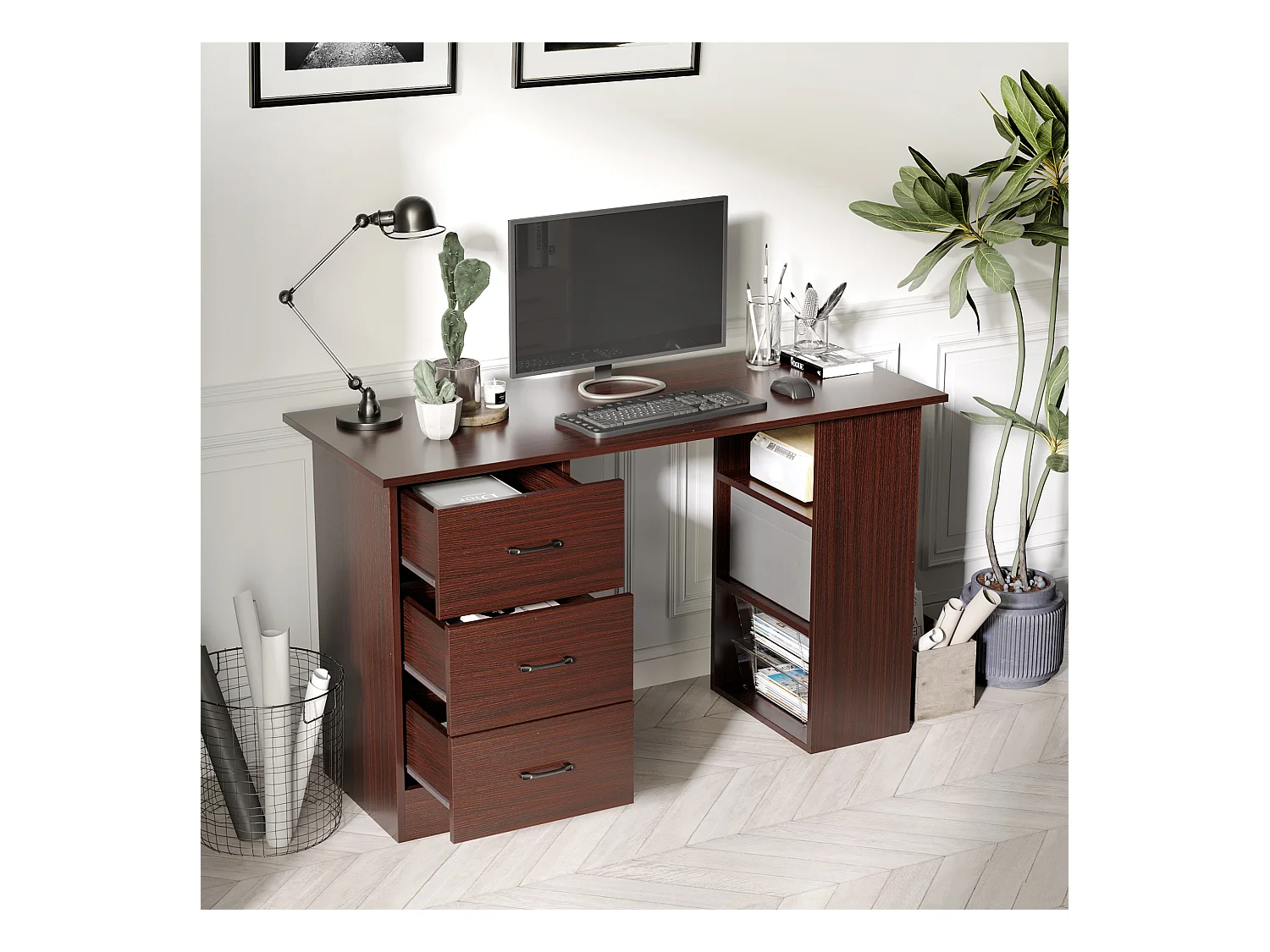 Scrivania per camera e ufficio 3 cassetti 3 ripiani reversibili