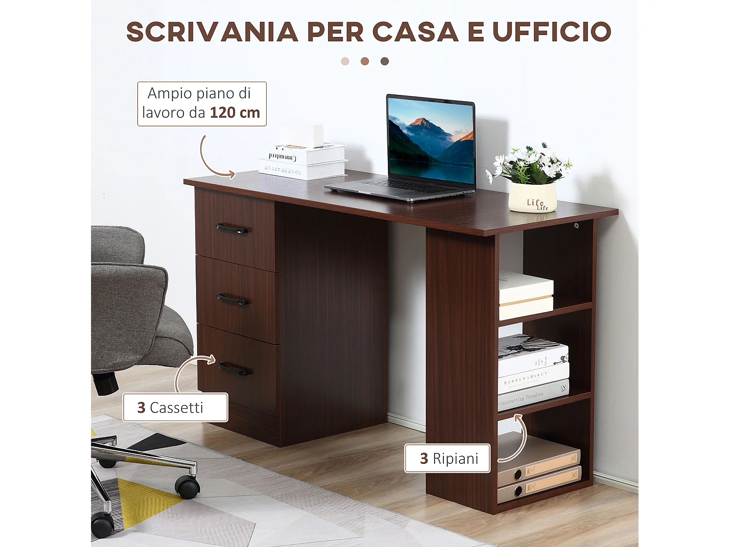 Scrivania per camera e ufficio 3 cassetti 3 ripiani reversibili