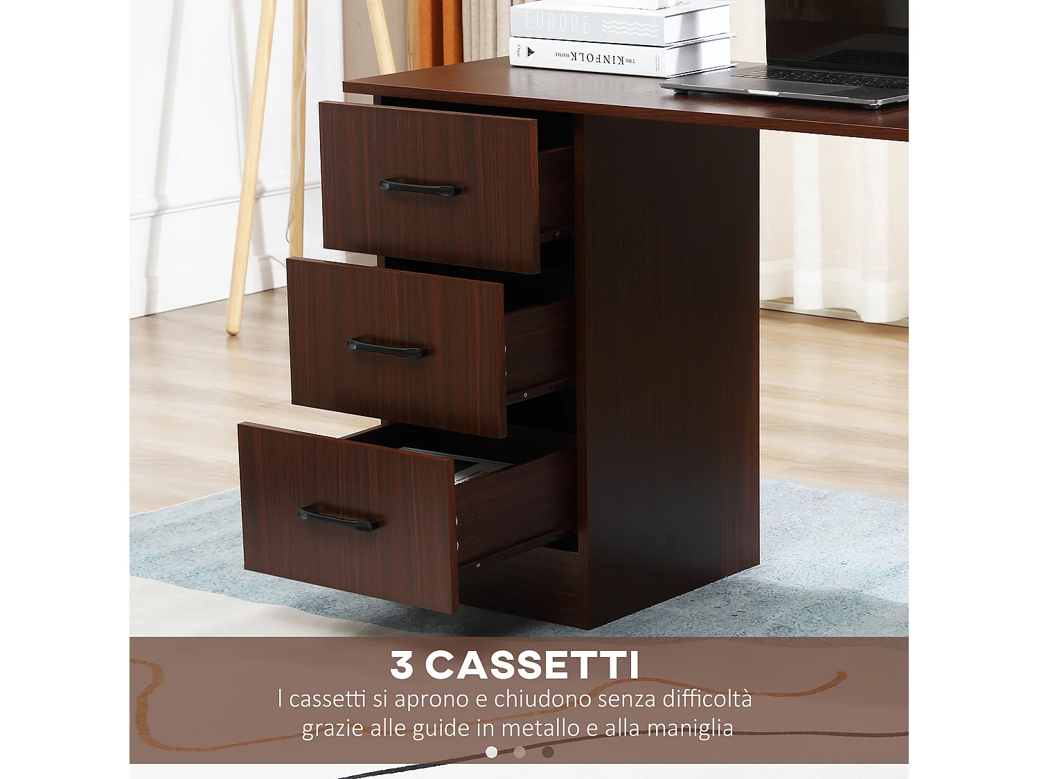 Scrivania per camera e ufficio 3 cassetti 3 ripiani reversibili