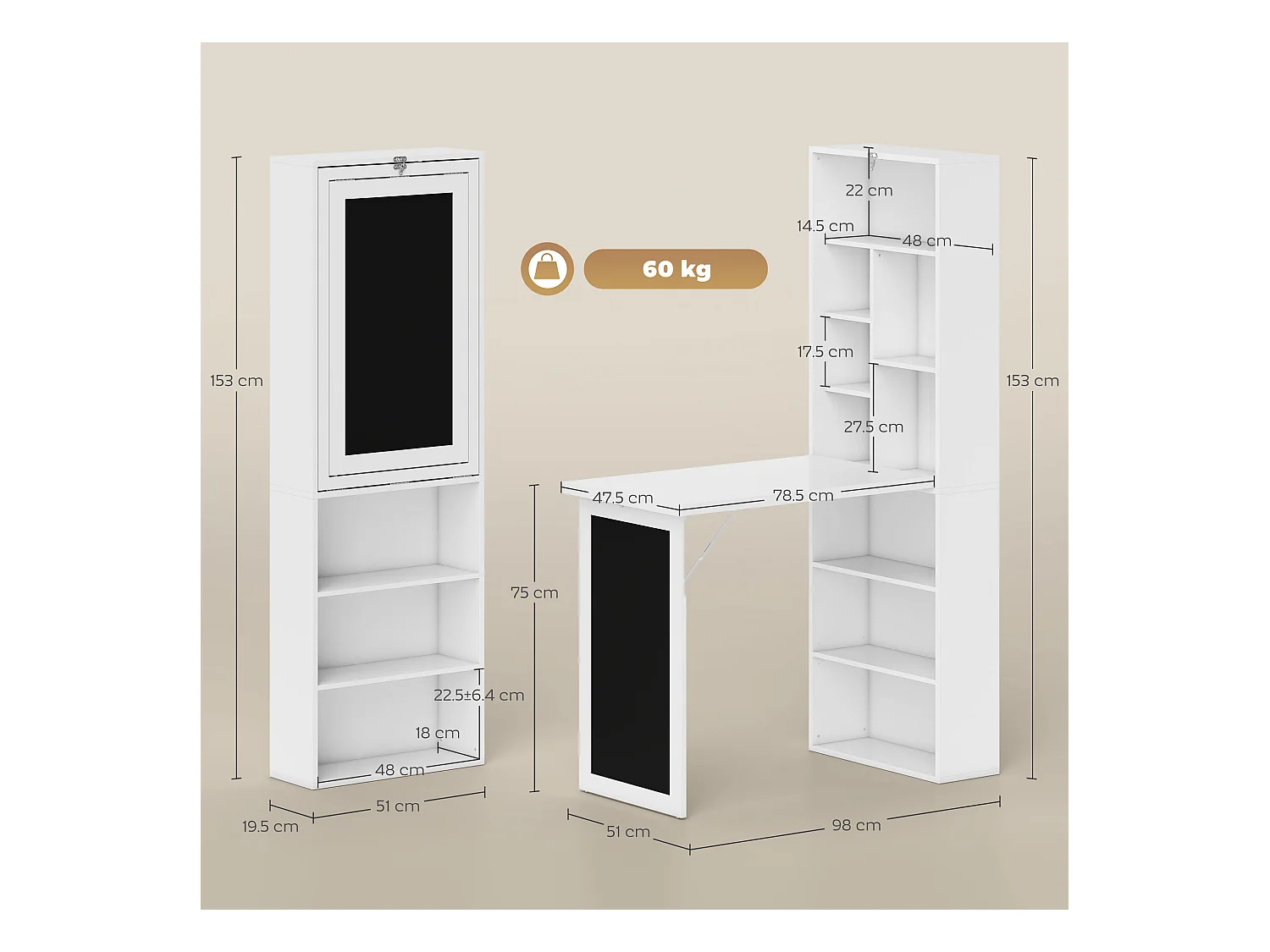 Scrivania pieghevole con libreria a 9 ripiani e lavagna bianco