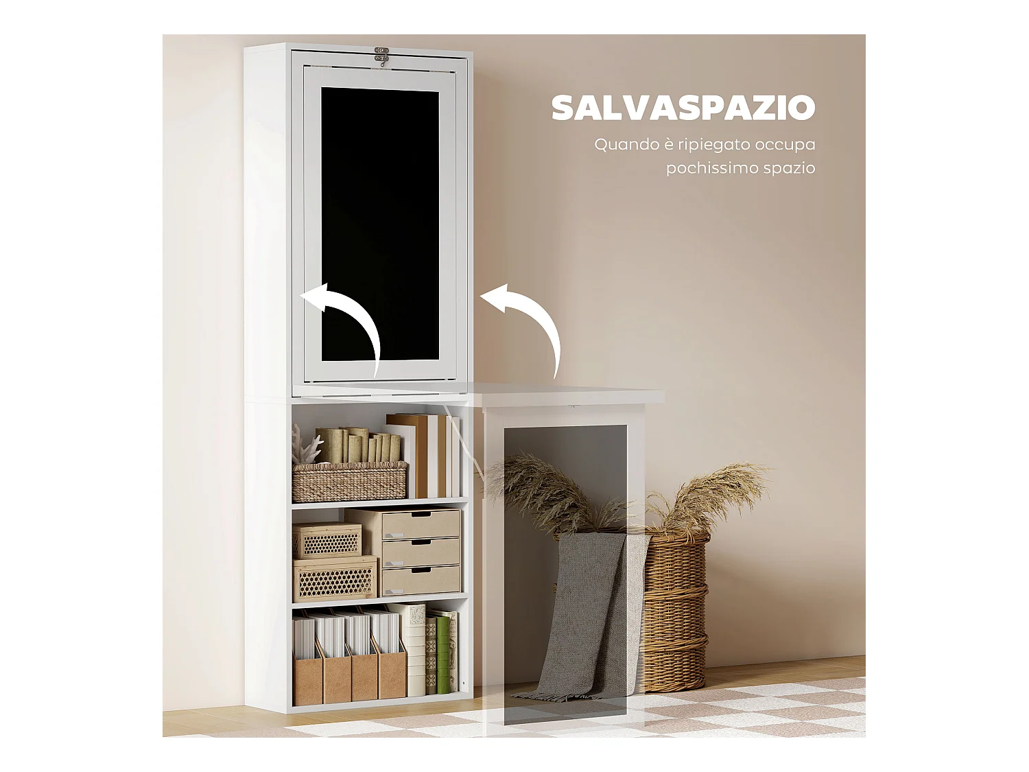 Scrivania pieghevole con libreria a 9 ripiani e lavagna bianco