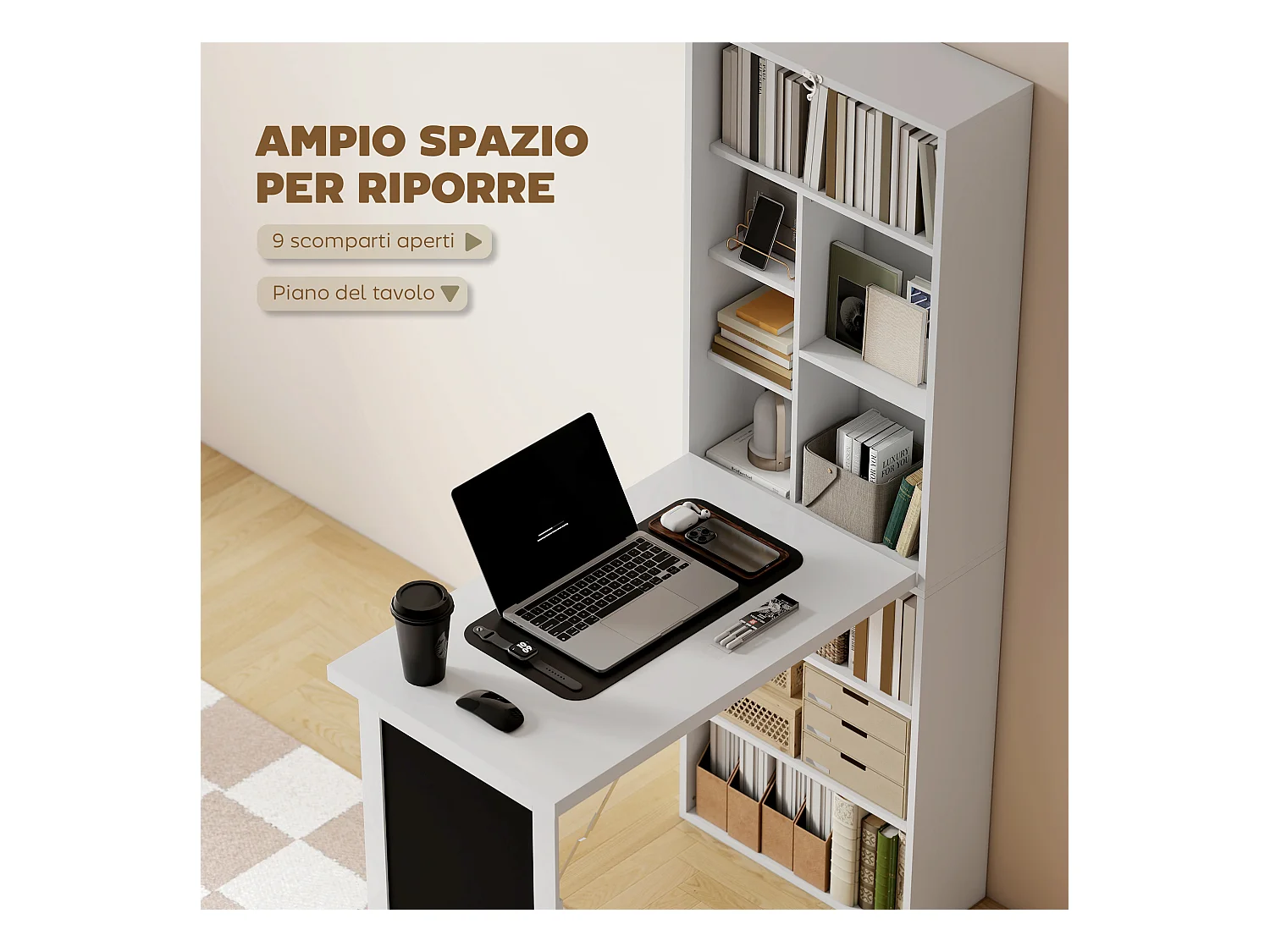 Scrivania pieghevole con libreria a 9 ripiani e lavagna bianco