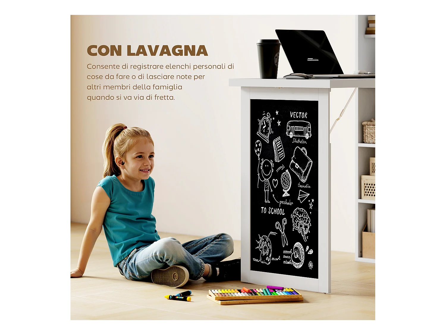 Scrivania pieghevole con libreria a 9 ripiani e lavagna bianco