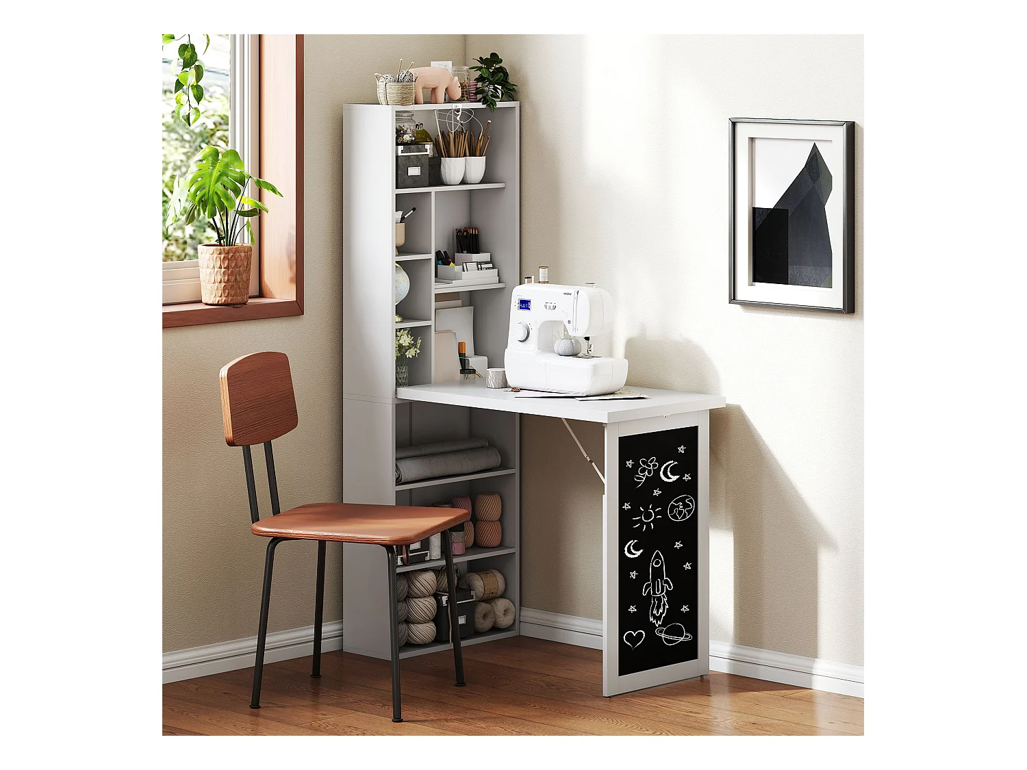 Scrivania pieghevole con libreria a 9 ripiani e lavagna bianco