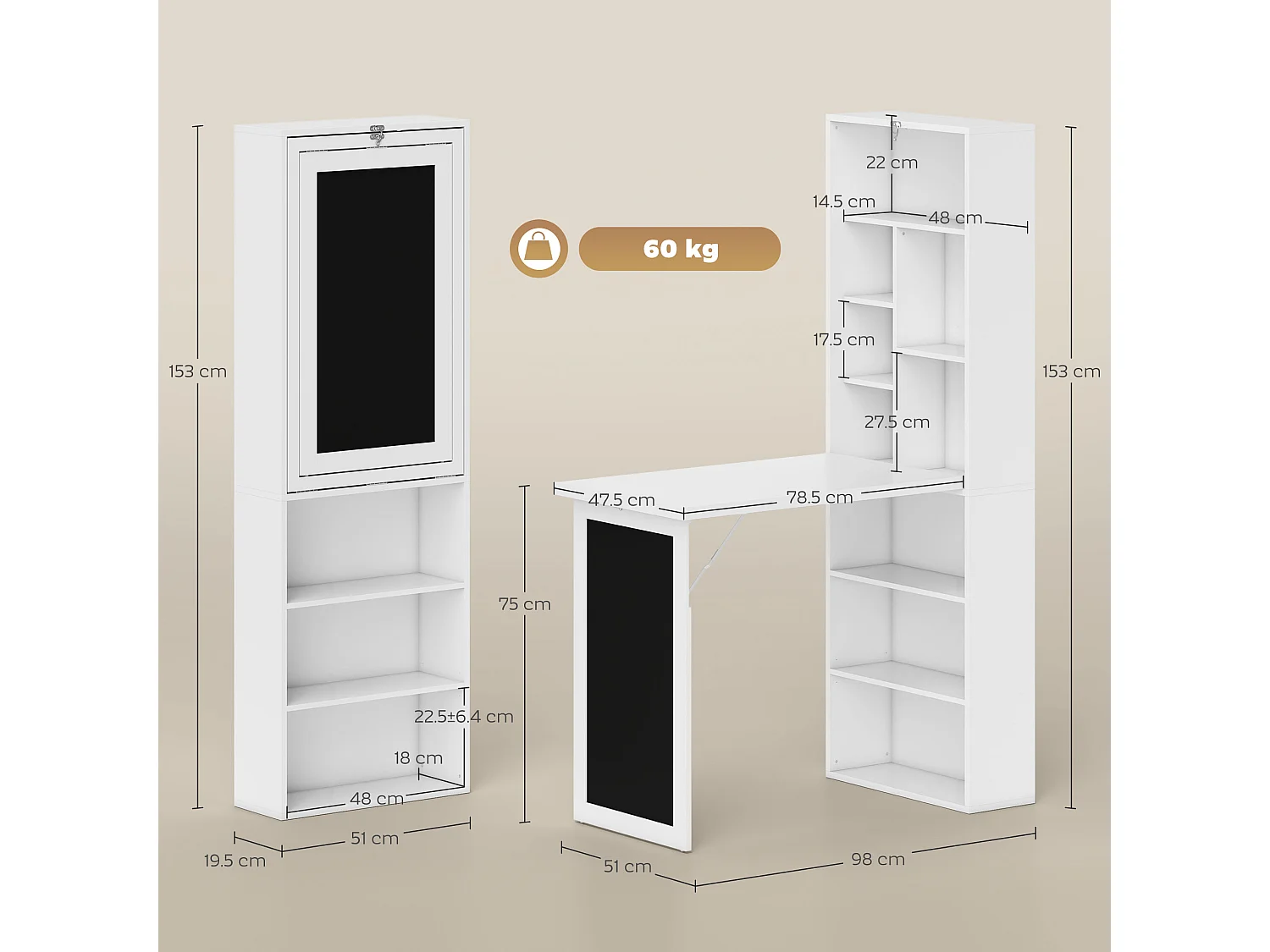 Scrivania pieghevole con libreria a 9 ripiani e lavagna bianco