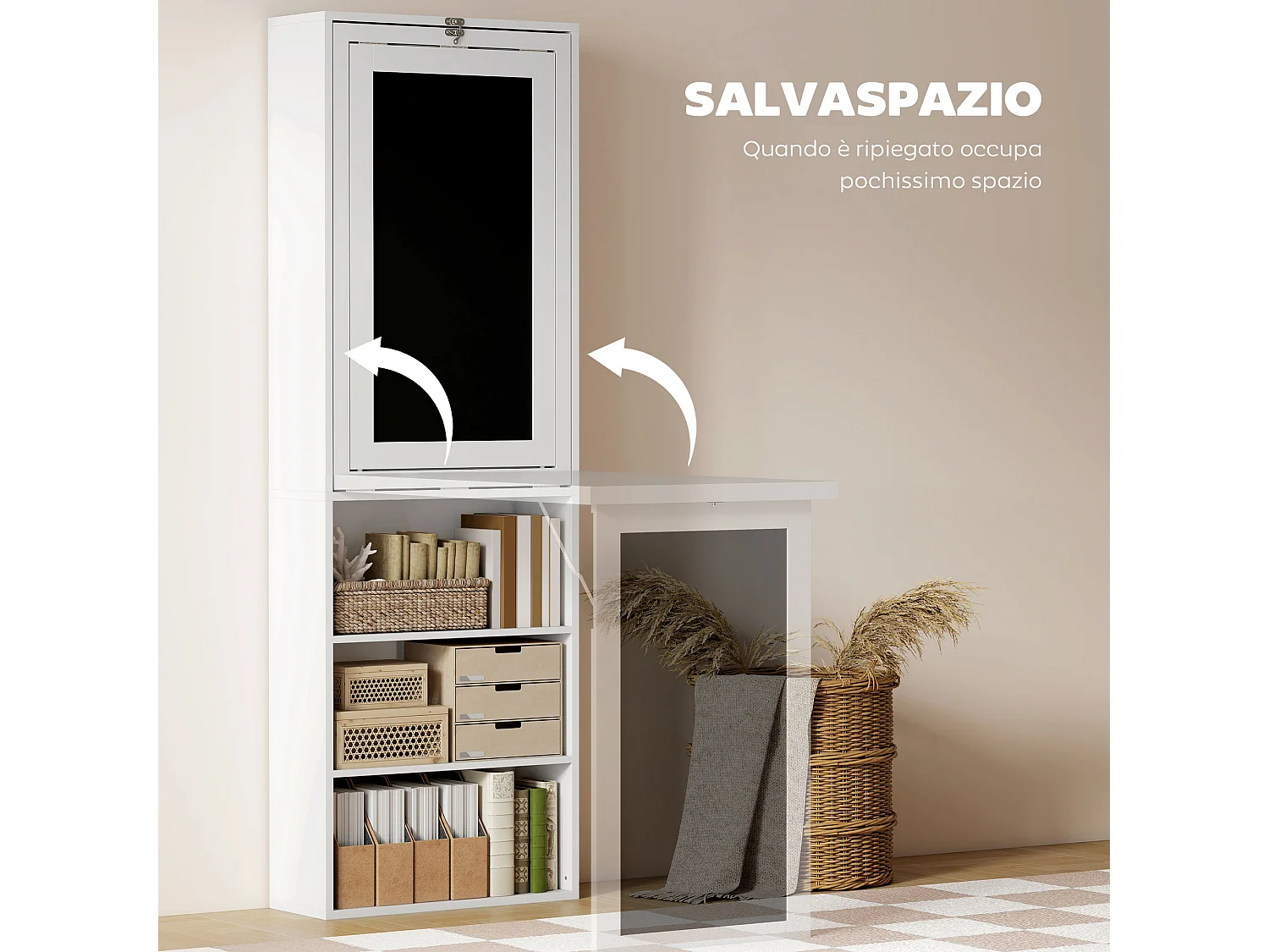 Scrivania pieghevole con libreria a 9 ripiani e lavagna bianco