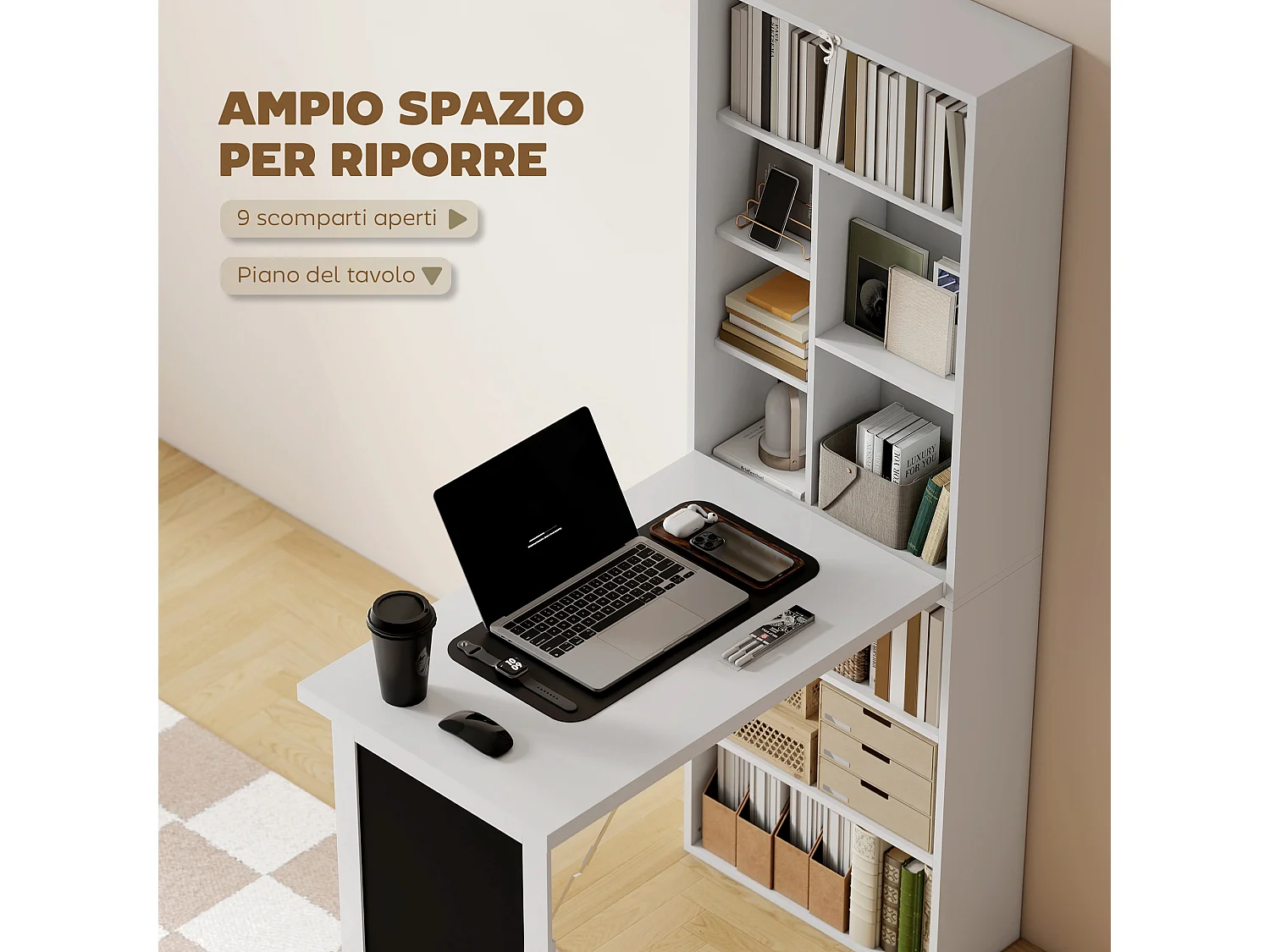 Scrivania pieghevole con libreria a 9 ripiani e lavagna bianco