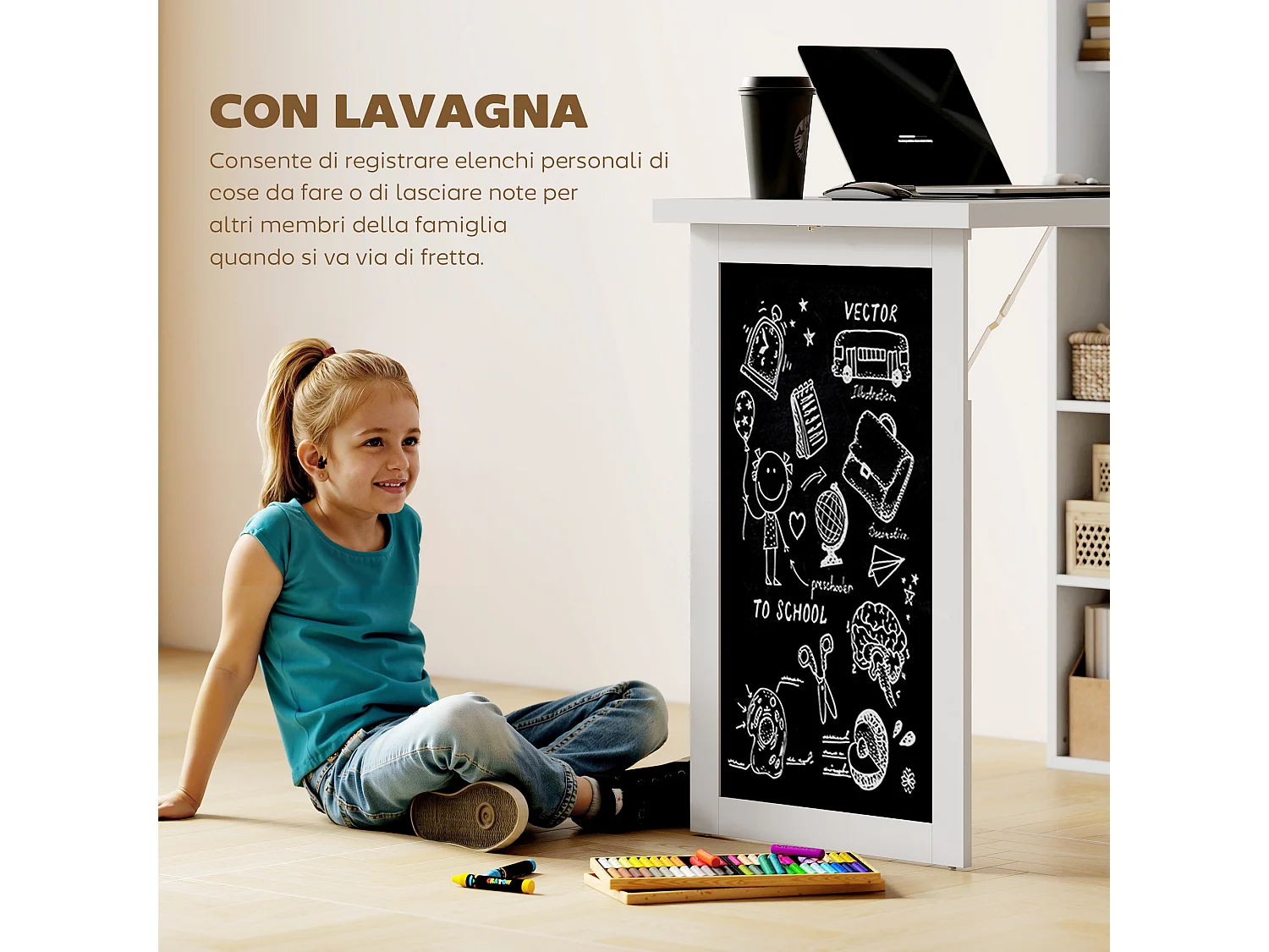 Scrivania pieghevole con libreria a 9 ripiani e lavagna bianco