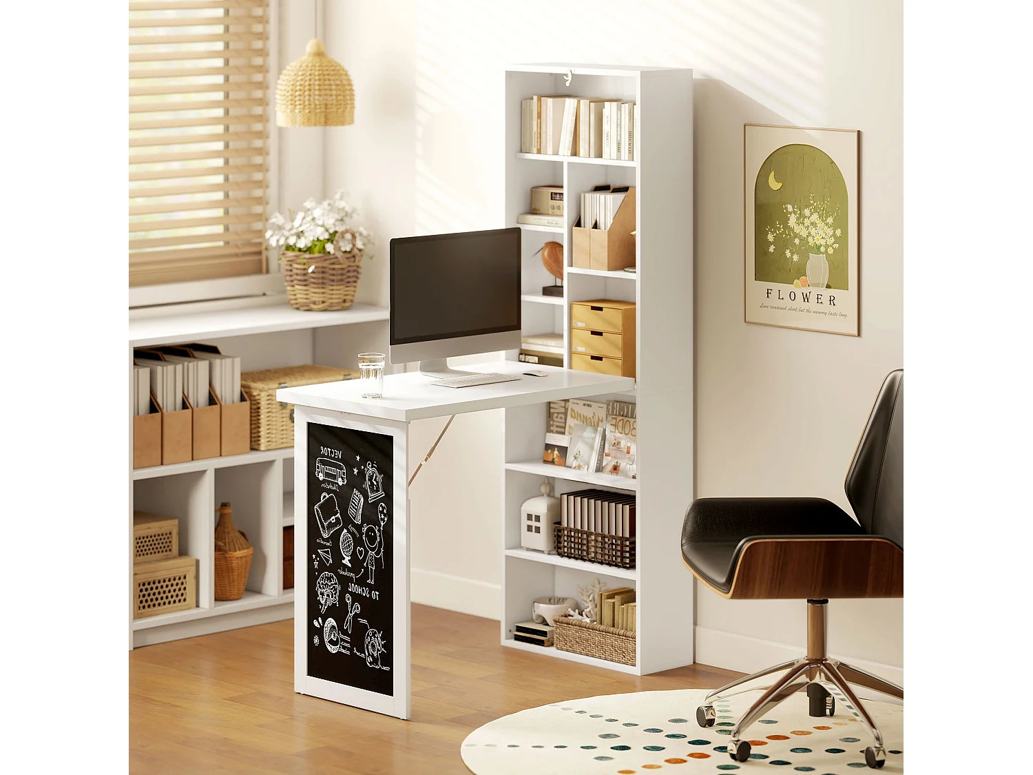 Scrivania pieghevole con libreria a 9 ripiani e lavagna bianco