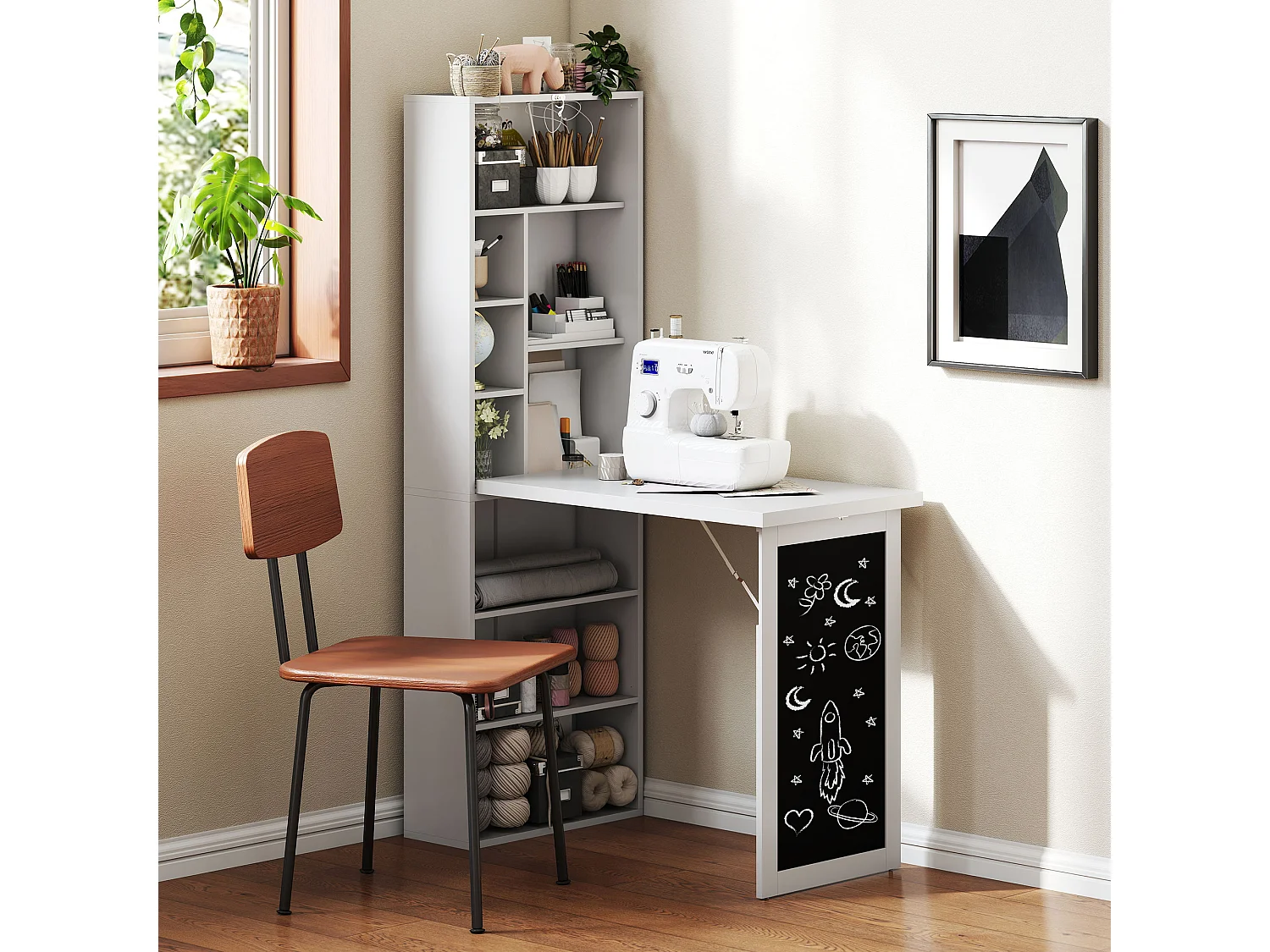 Scrivania pieghevole con libreria a 9 ripiani e lavagna bianco