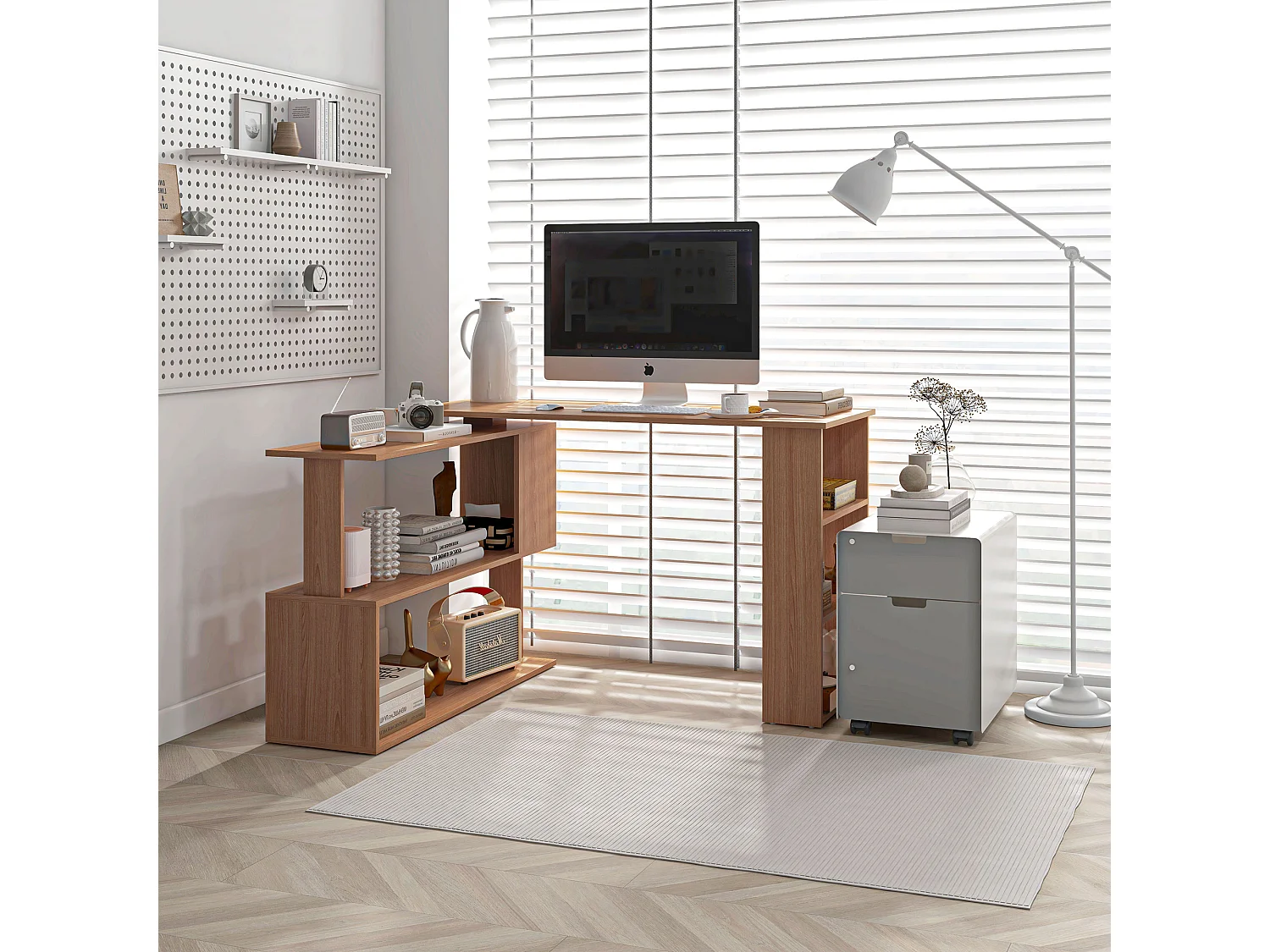 Scrivania Angolare per PC Girevole con 5 Ripiani in Truciolato