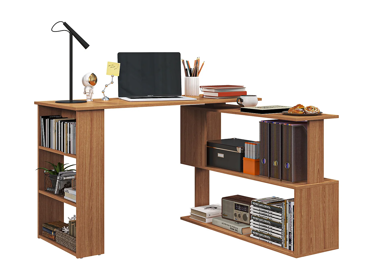 Scrivania Angolare per PC Girevole con 5 Ripiani in Truciolato