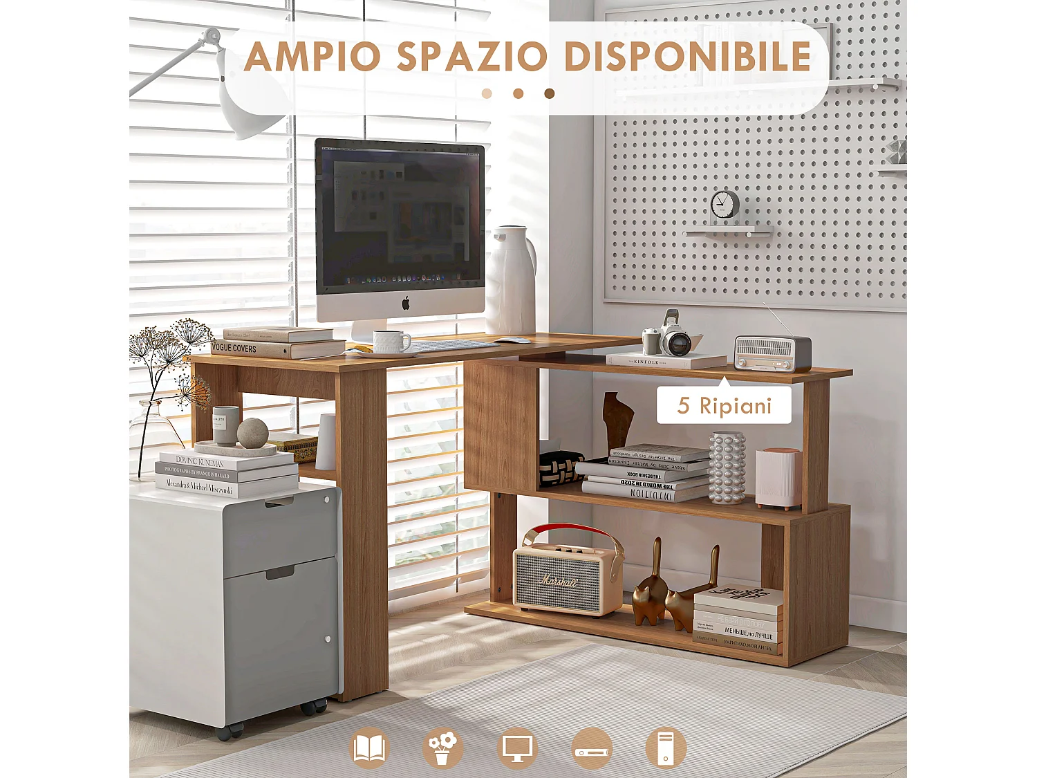 Scrivania Angolare per PC Girevole con 5 Ripiani in Truciolato