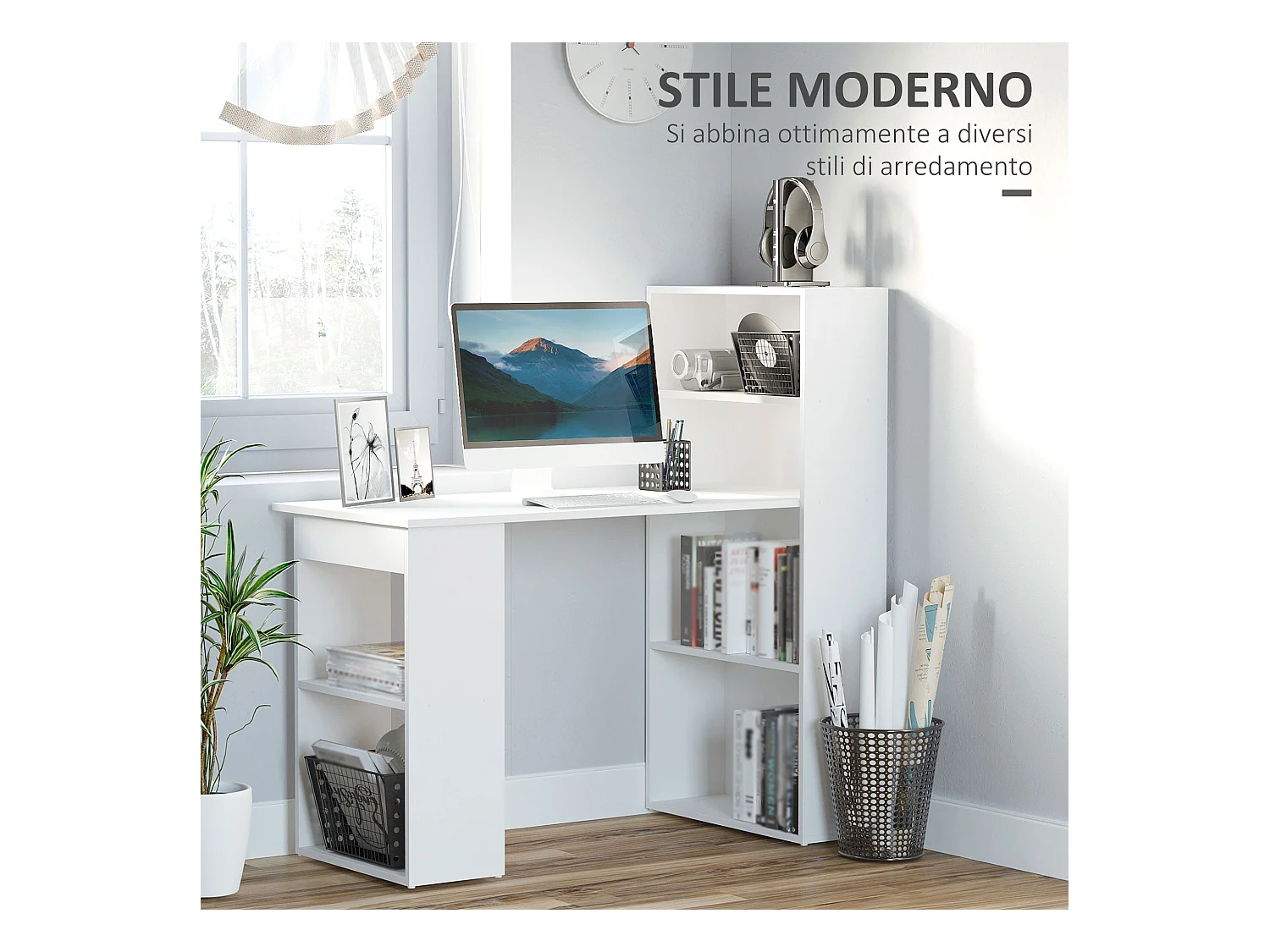 Scrivania Computer con Libreria Salvaspazio per Ufficio e Studio