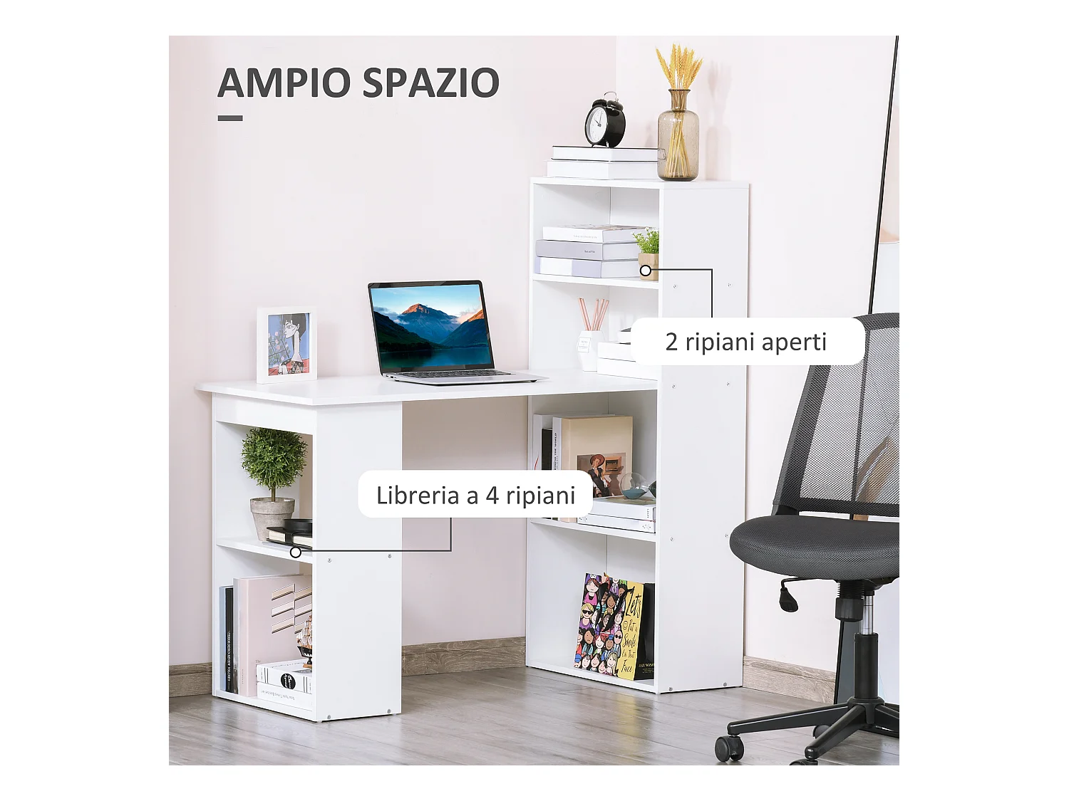 Scrivania Computer con Libreria Salvaspazio per Ufficio e Studio