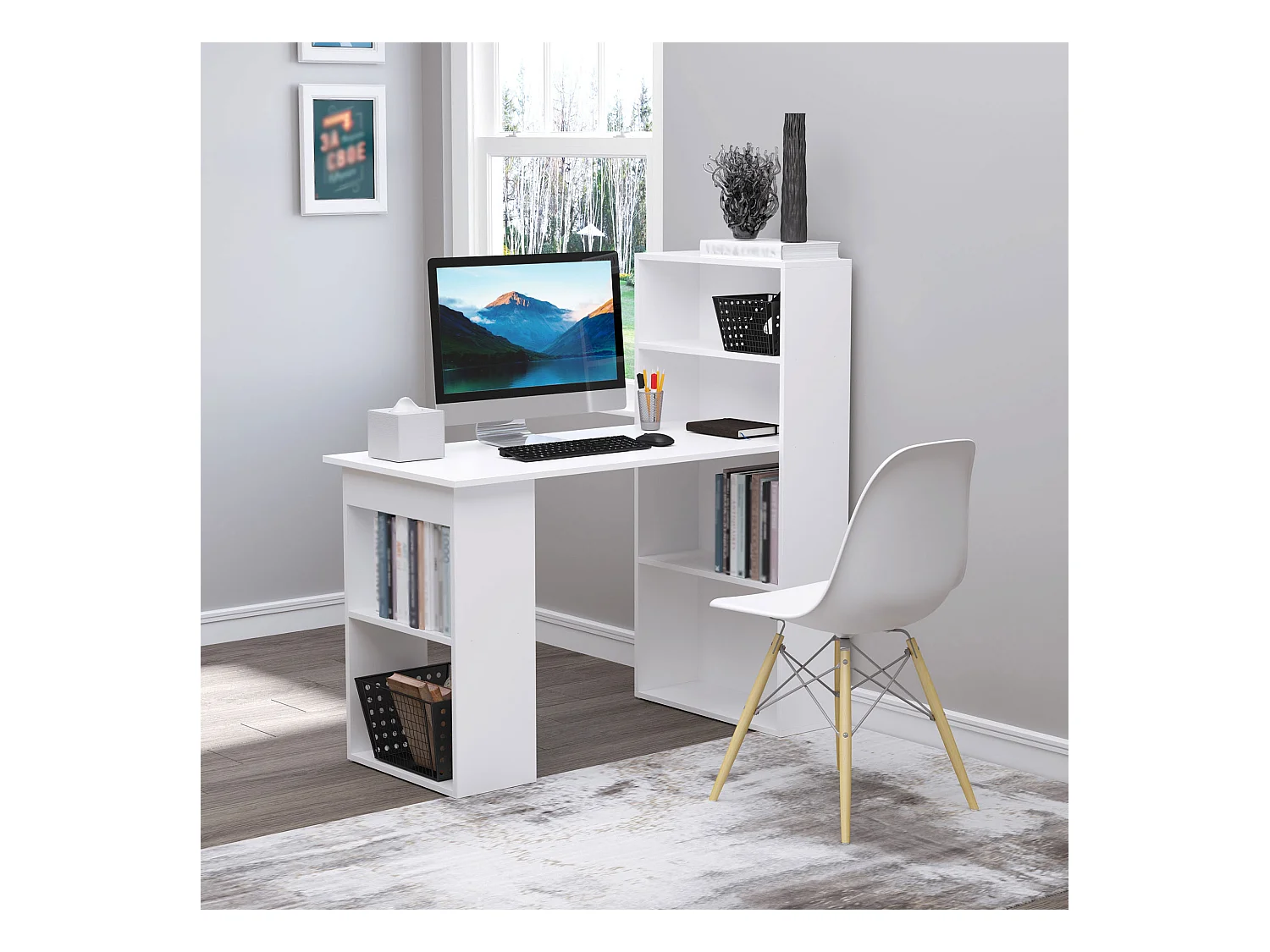 Scrivania Computer con Libreria Salvaspazio per Ufficio e Studio