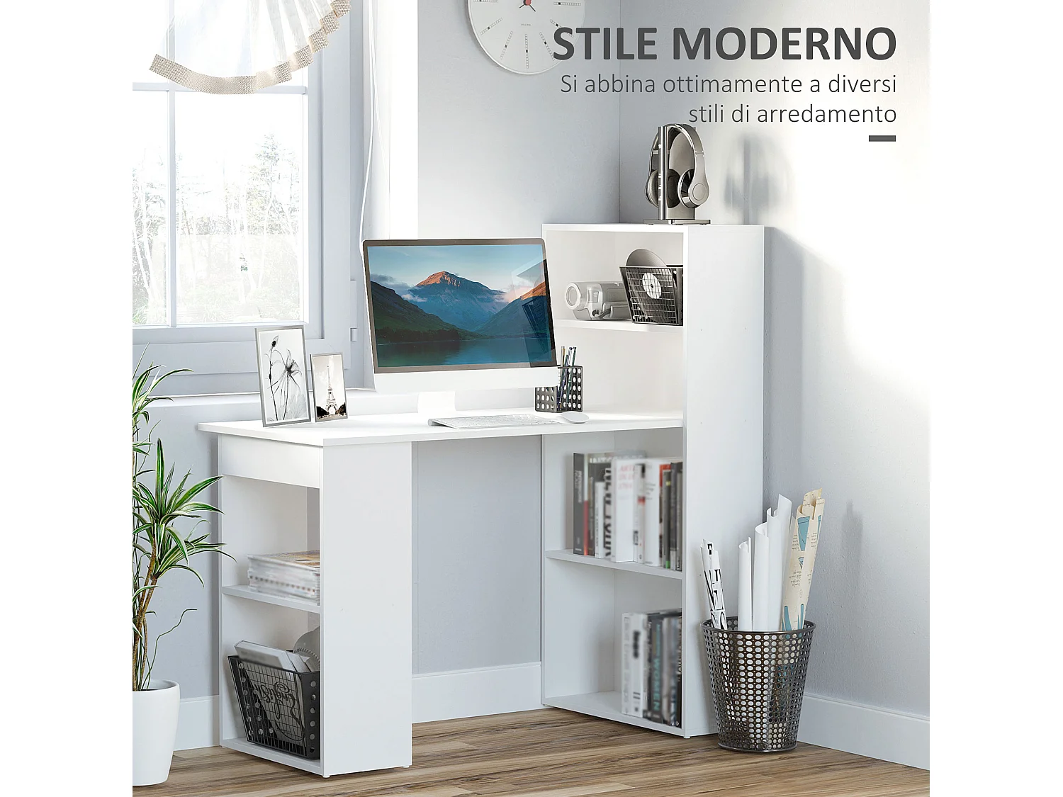 Scrivania Computer con Libreria Salvaspazio per Ufficio e Studio