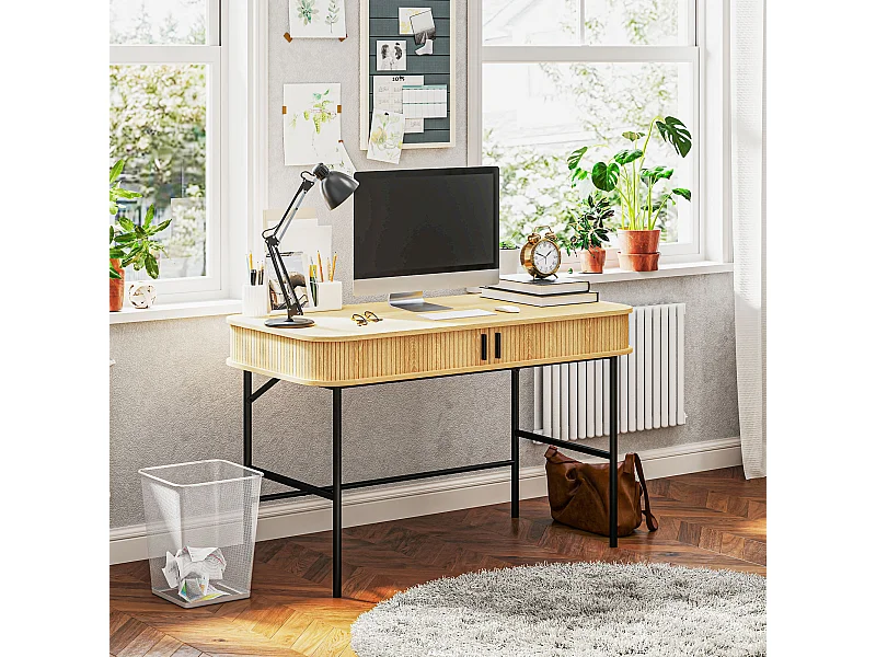 Scrivania per camera e ufficio con ante scanalate in legno e acciaio