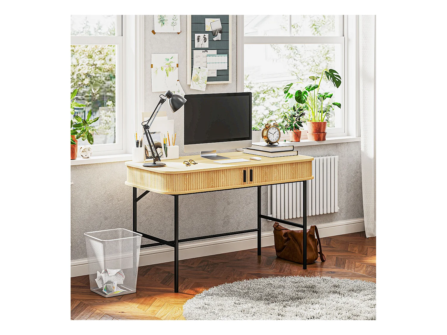 Scrivania per camera e ufficio con ante scanalate in legno e acciaio