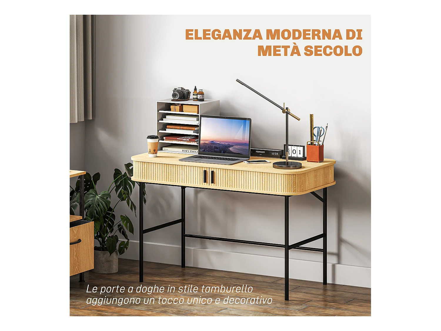 Scrivania per camera e ufficio con ante scanalate in legno e acciaio